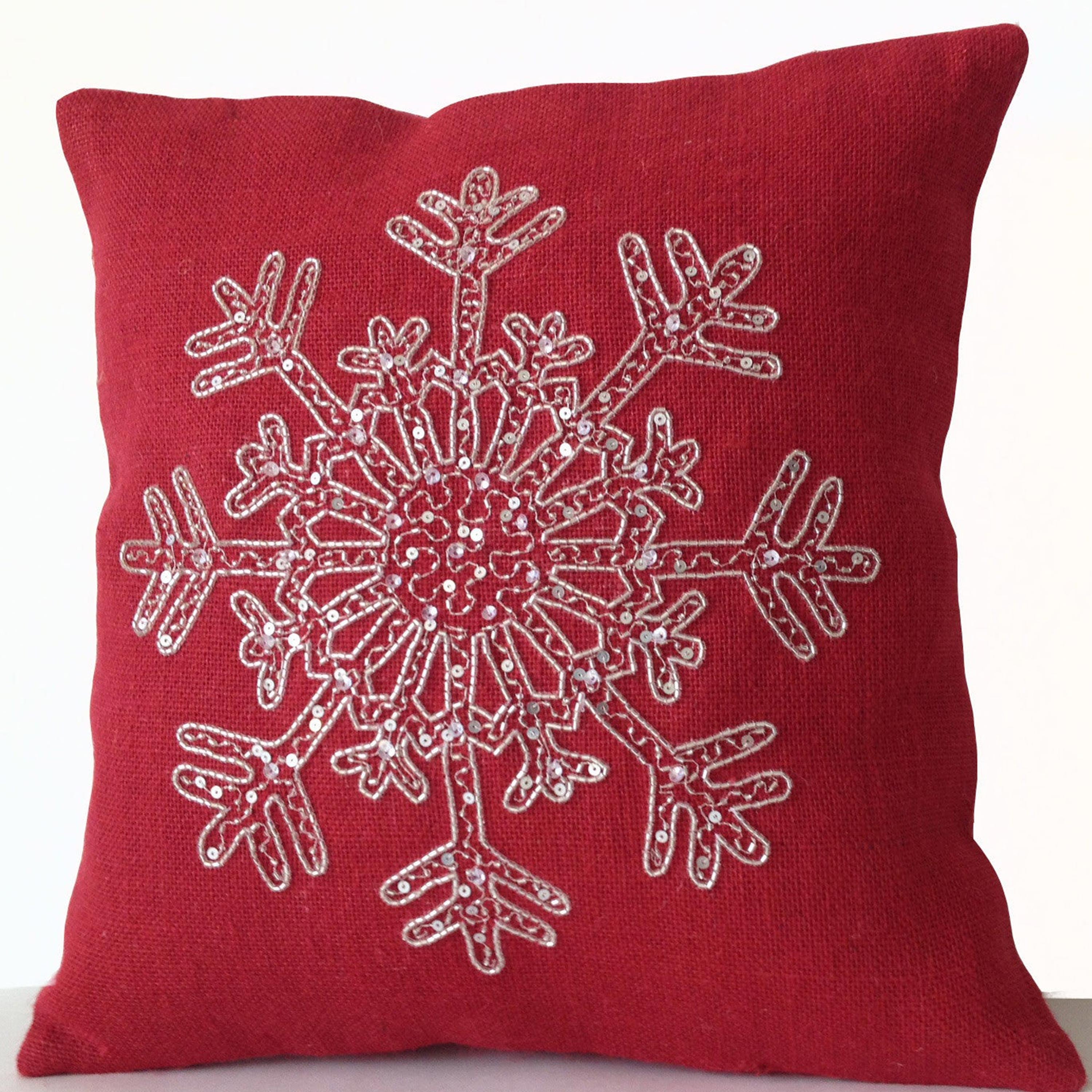 Red and Silver Snowflake Pillow Cover