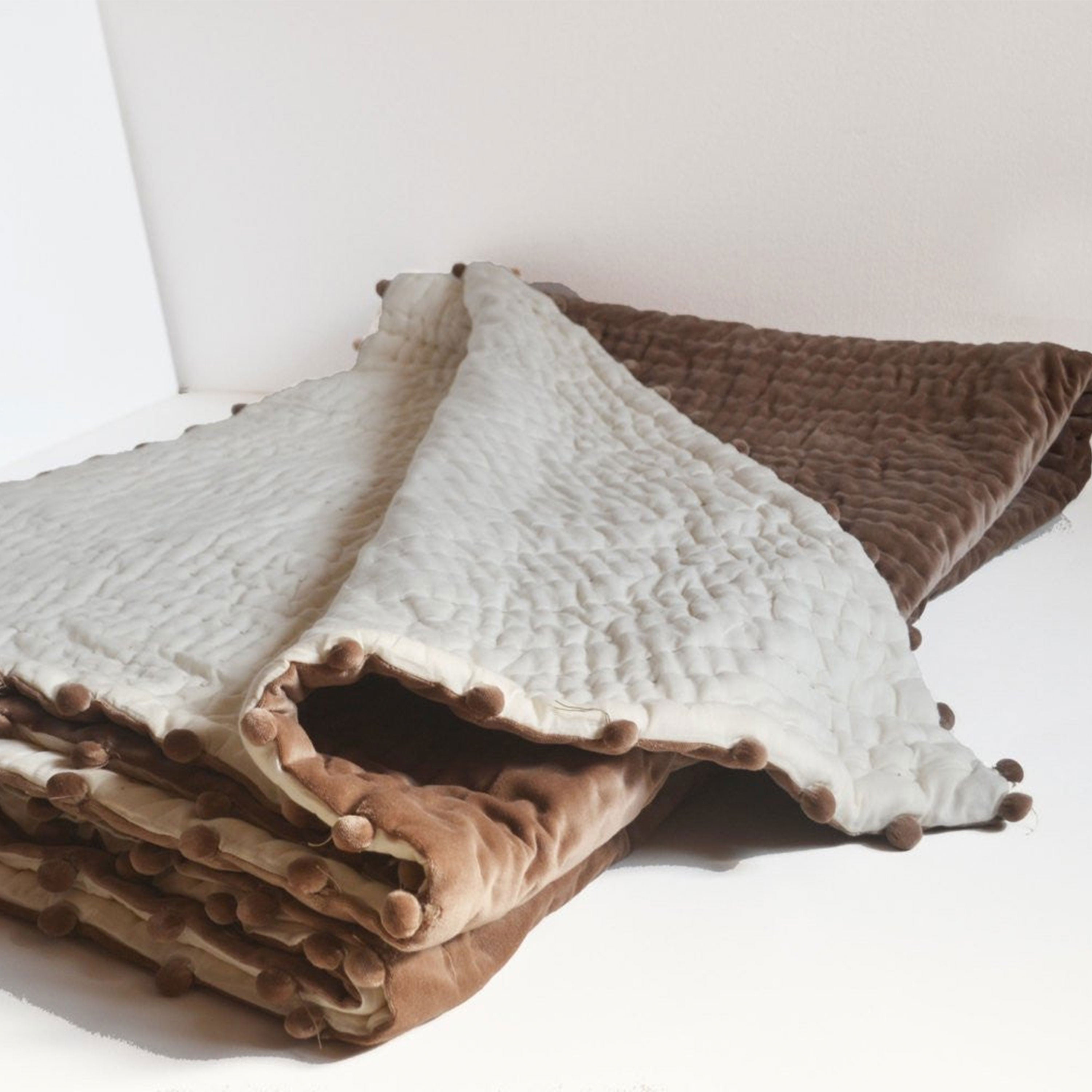 Taupe Ivory Soft Velvet And Cotton Pick Stitch Quilt