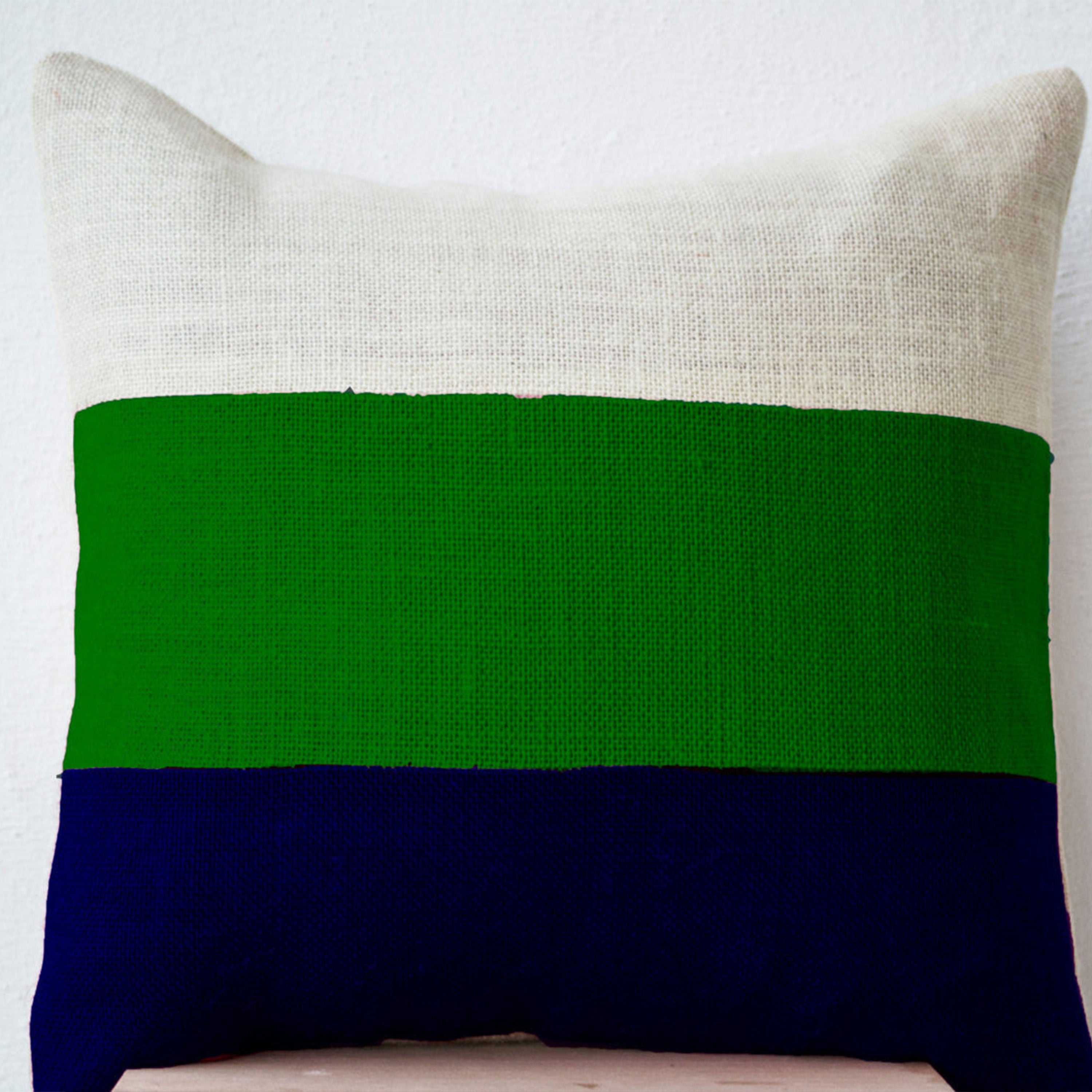 Modern Color block Pillow, Navy Green and white Burlap Throw pillow, Couch Pillow, Modern Decor
