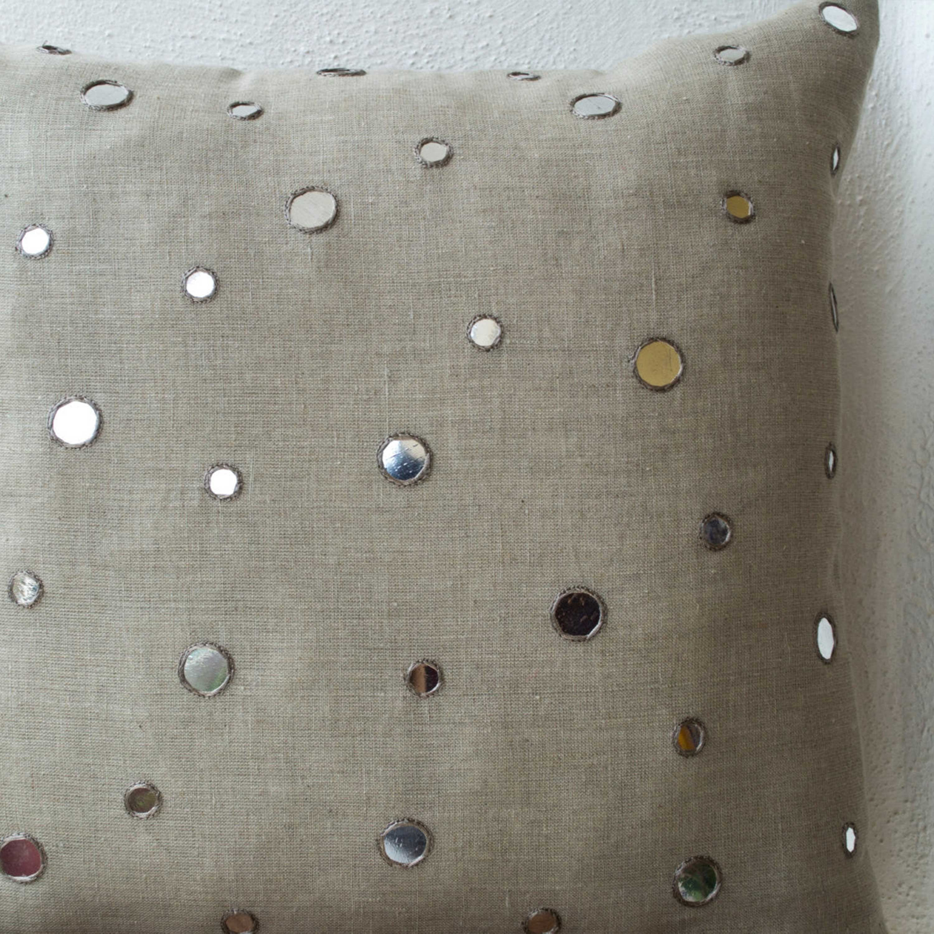 Shimmering Mirrors On Natural Oatmeal Linen Cushion Cover, Hand Embellished Warm Gray Decorative Linen Throw Pillow