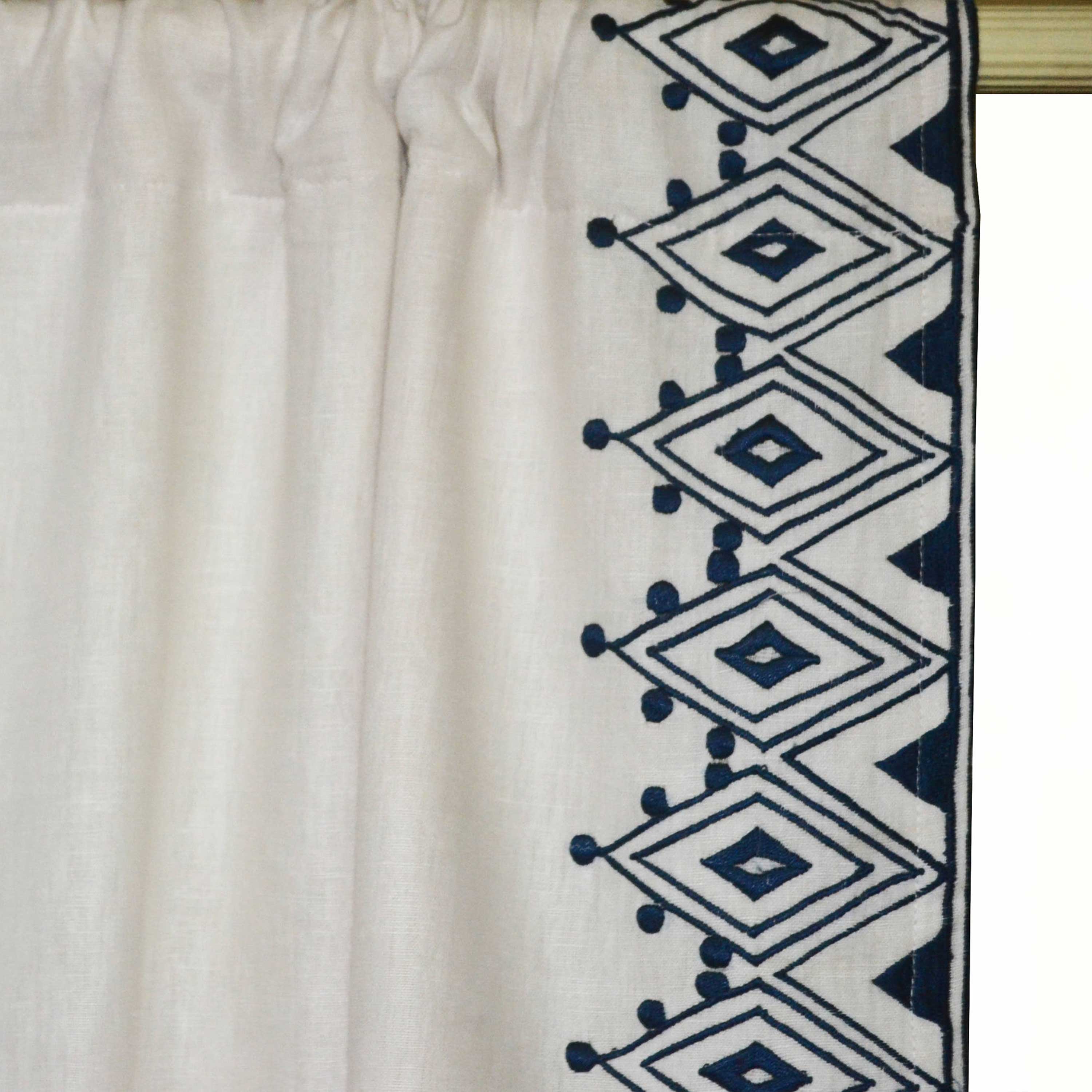 Handcrafted Moroccan embroidered linen curtain with geometric design, adding a Mediterranean touch while protecting from negative vibes.