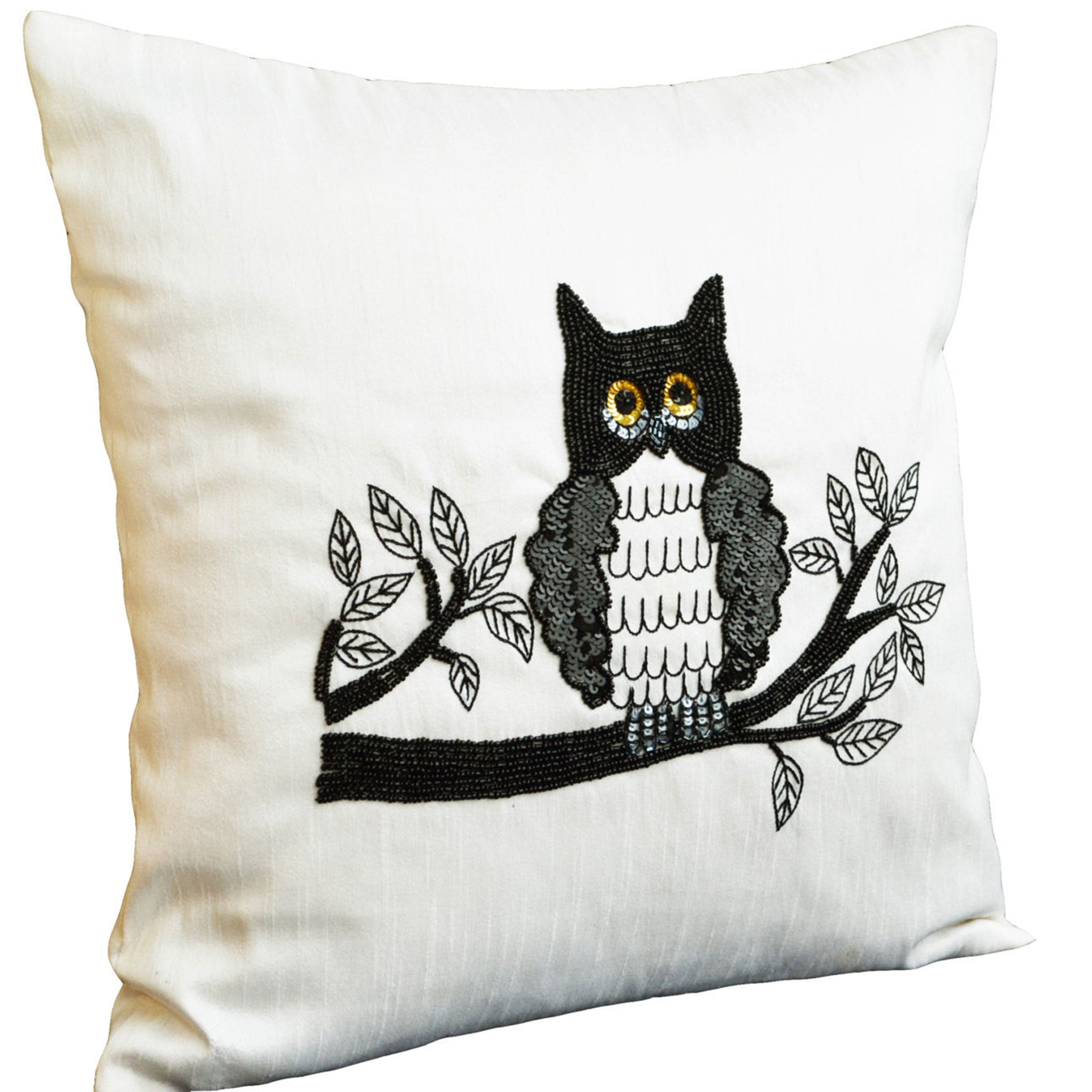 Decorative throw pillows with Owl embroidery- Ivory silk owl pillow - Animal pillow - Sequin cushion -16x16 pillows - black white pillow