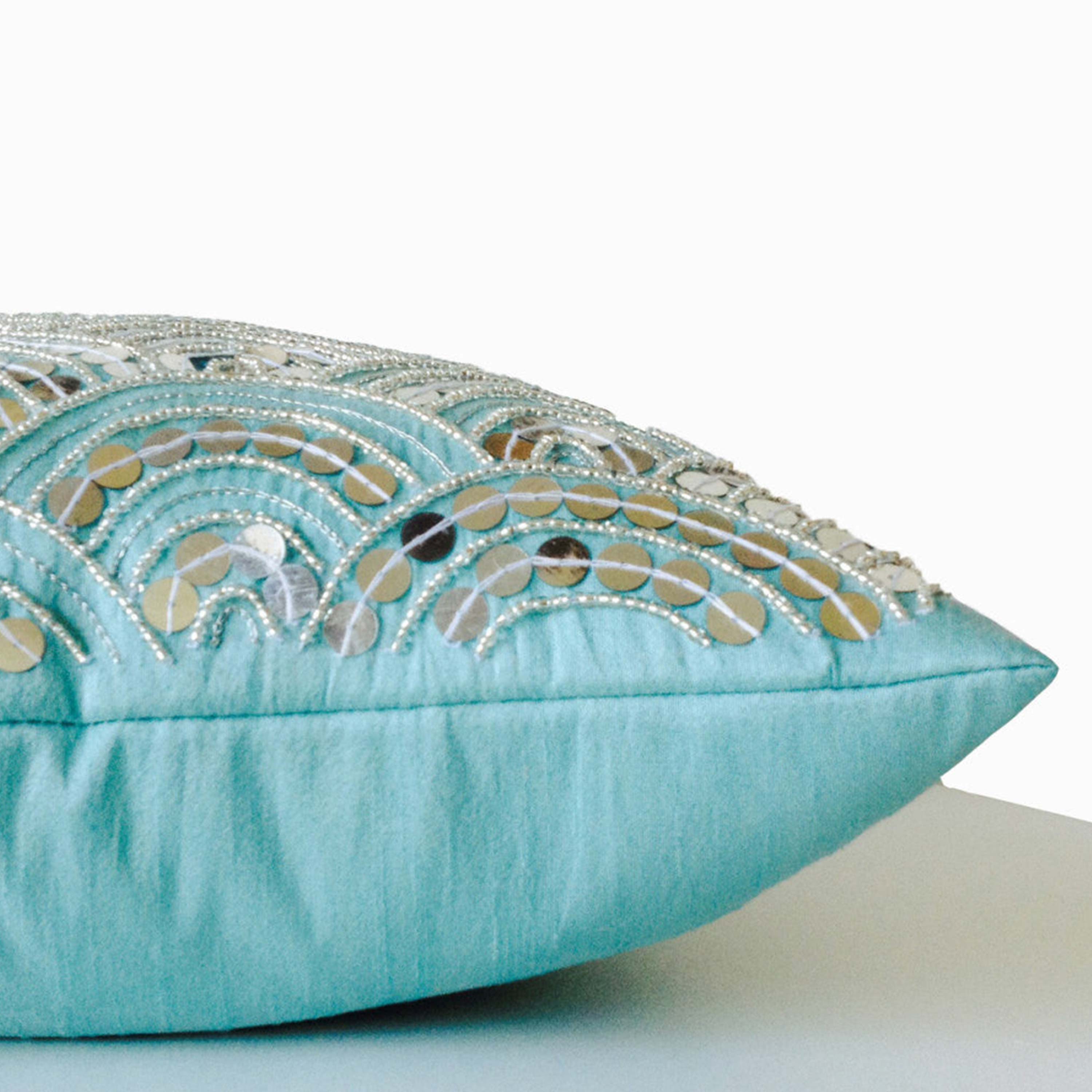 Teal Pillows Embroidered Waves -Sashiko Pillow Cover -Cushion Zipper -Decorative Pillows -Gift -Wedding -Anniversary -Gift for Her -16x16