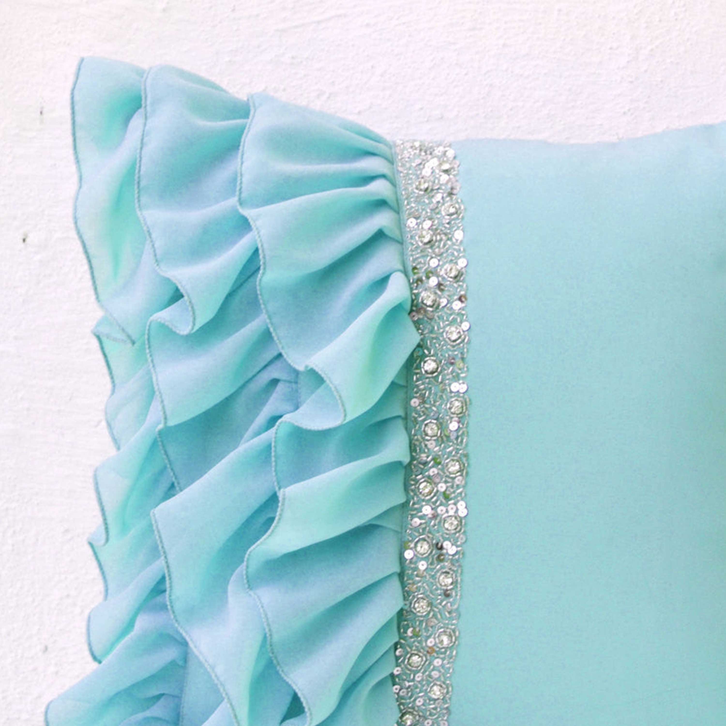 Sky blue ruffled decorative pillow with sequins - Light blue cushion cover - Gift pillows for Christmas,wedding - 16X16 Decorative Pillowa