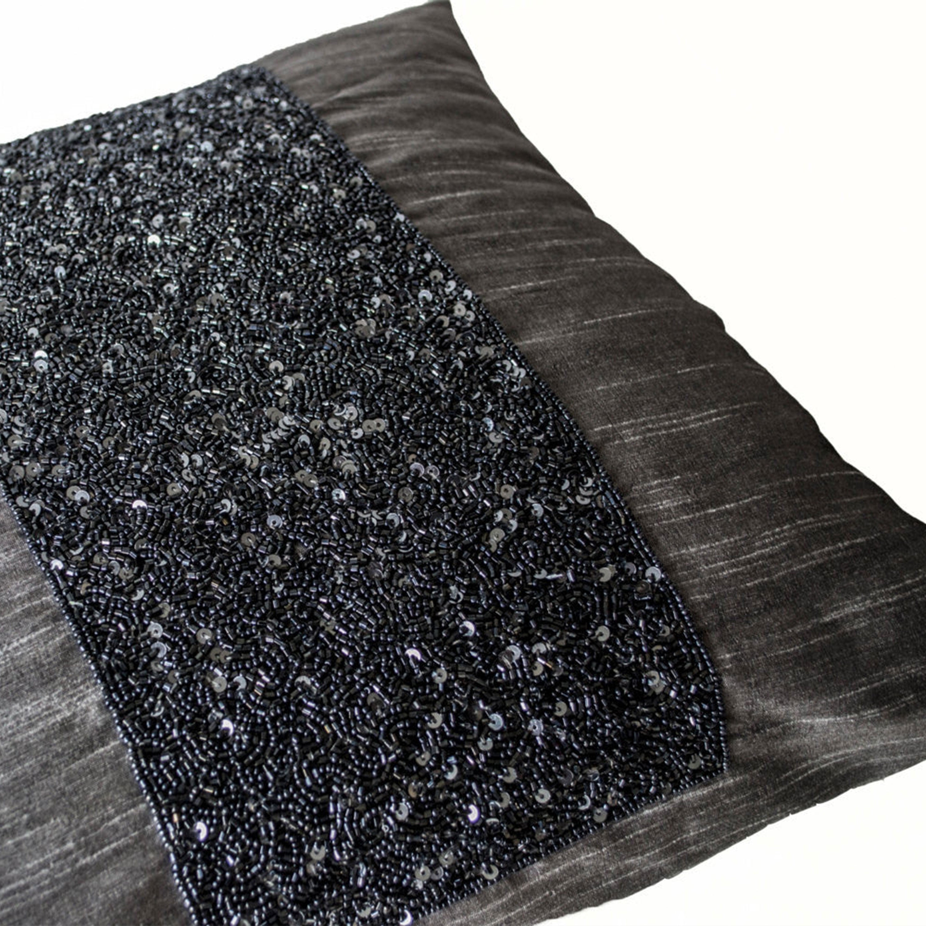 Grey beaded Pillows -Grey Silk Metallic Pillow cover -Sparkle Pillow -Gray Beads Embroidered Pillow -16x16 -Gift -Beaded Cushions -Grey Bead