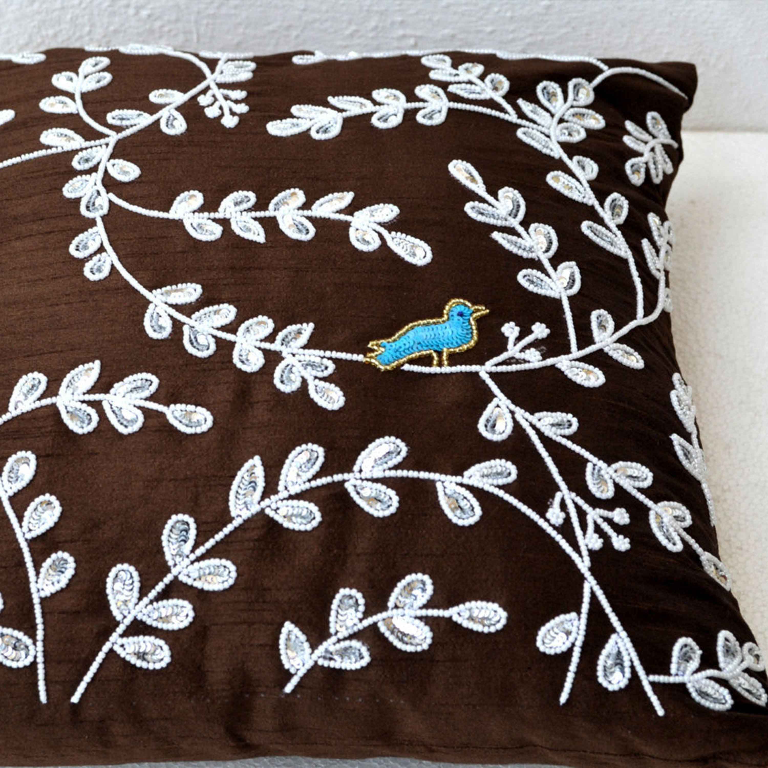 Solitarty Bird Cushion On Brown Accent Toss Pillow With White Beads Leaf and Turquoise Bird