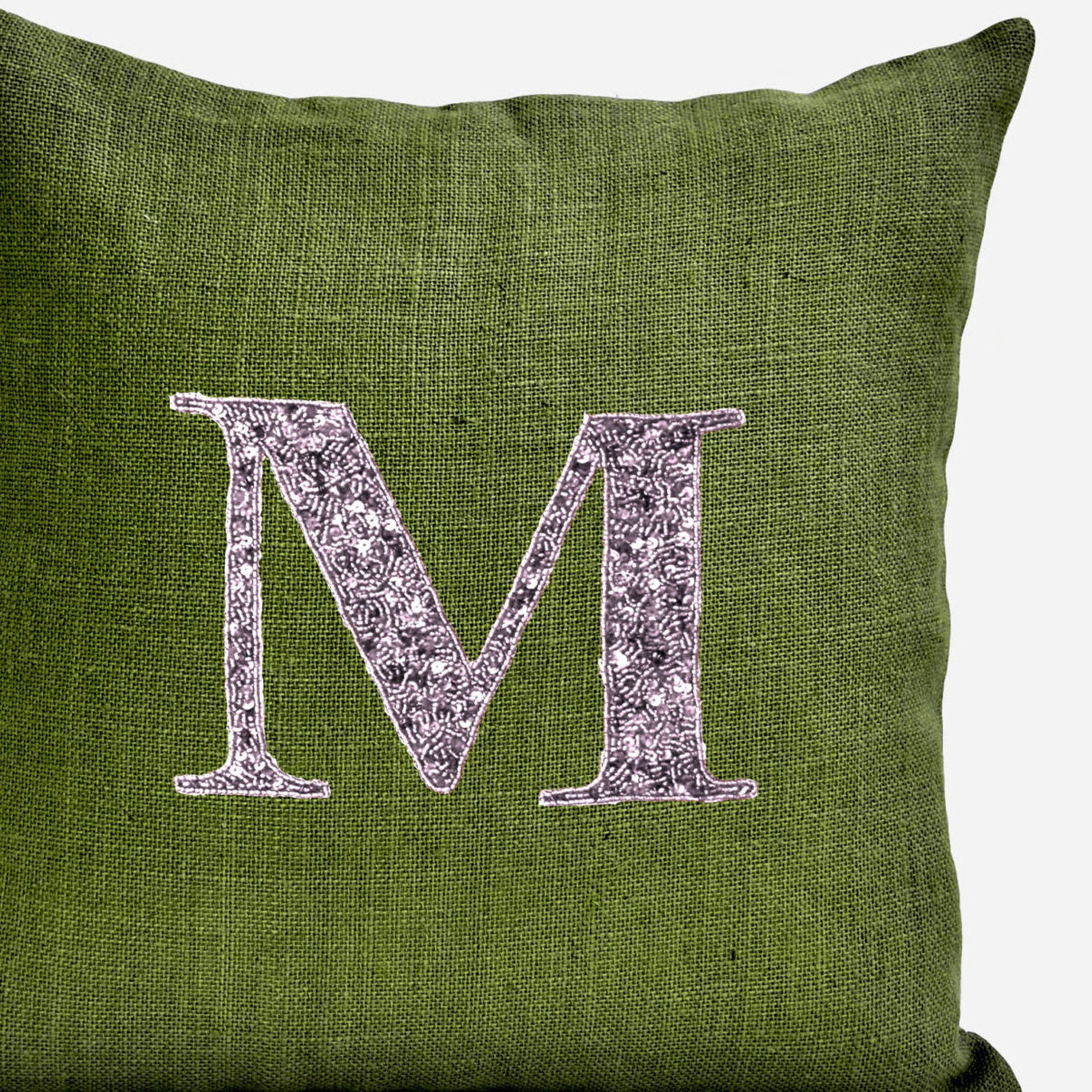 Green Burlap Silver Sequins Monogram Decorative Pillows for Home or Gifting