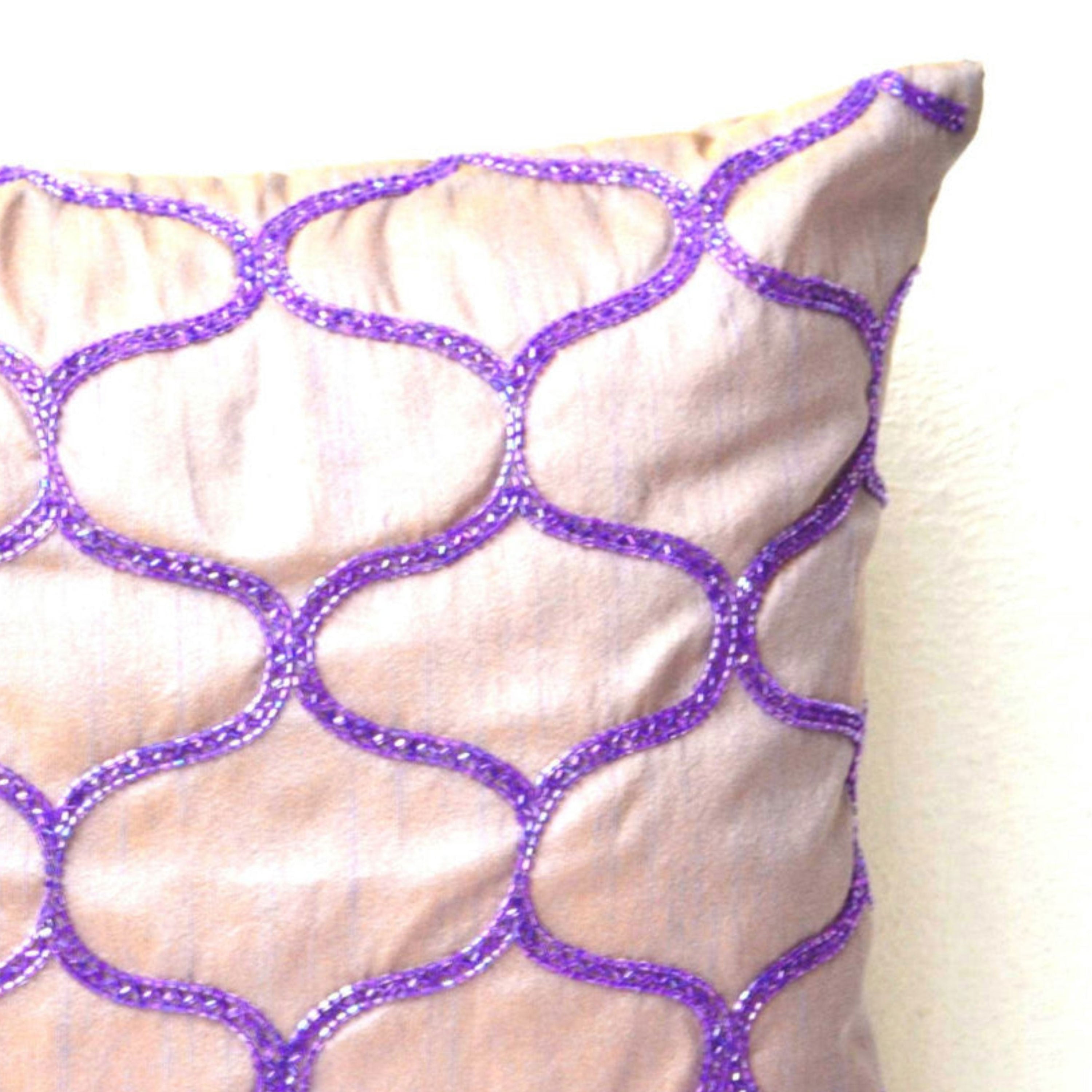 Sashiko Fishing Net Beaded Geometric Purple Silk Pillow Cover Faux Silk Cushion