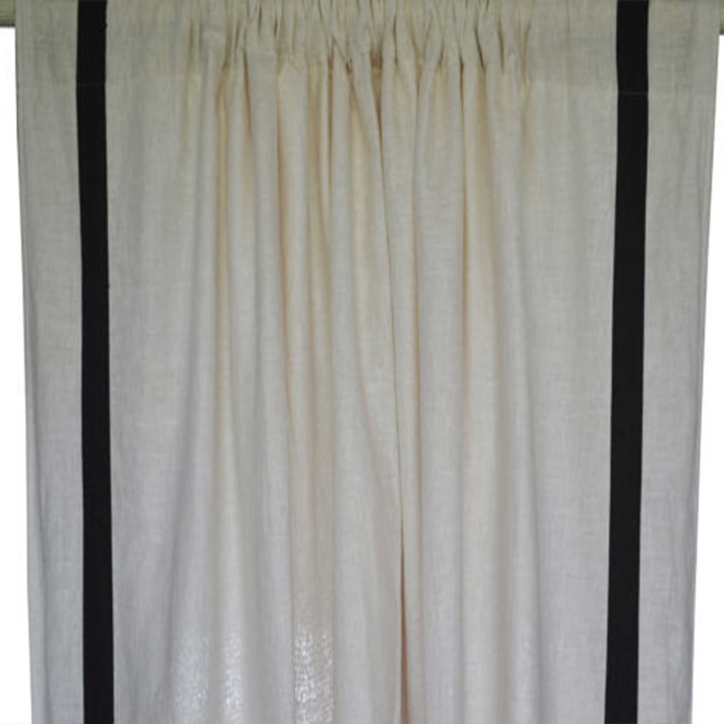 Handcrafted ivory linen curtains with grey trim, featuring an elegant pattern for a sophisticated look. Perfect for enhancing any room's decor.