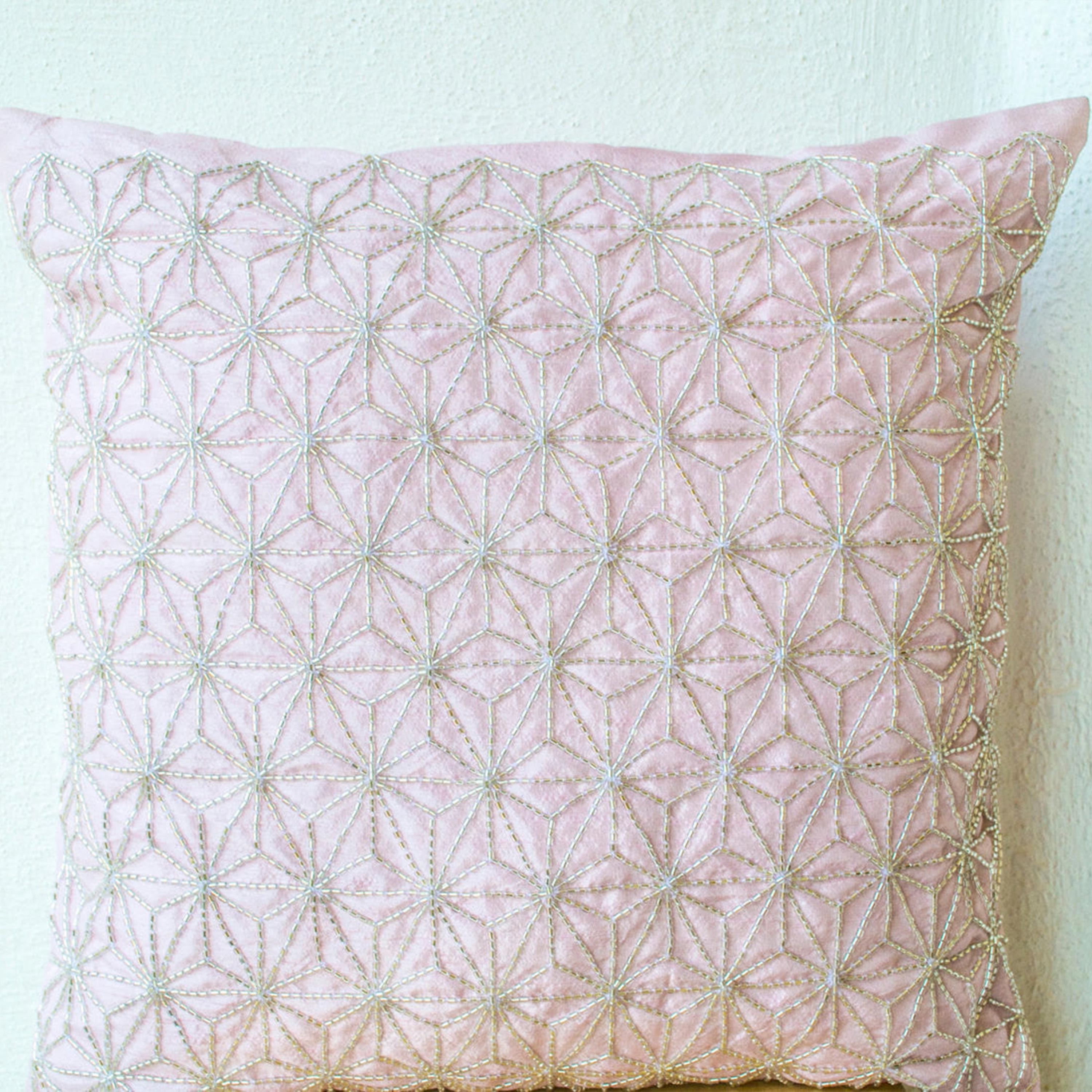 Pink throw pillow with silver embroidered hemp leaf - Sashiko pillow -16x16 - Cushion cover - Geometric Throw pillow -Pink silver pillow