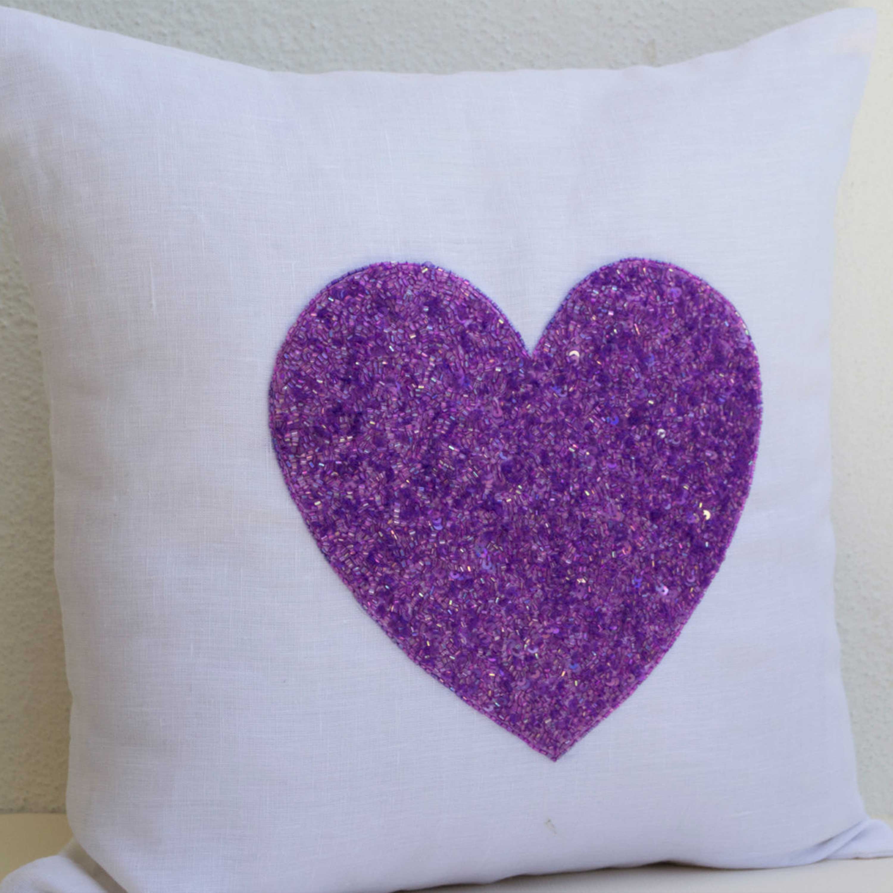 White linen heart pillow cover with purple sequin heart - Decorative cushion cover- Gift of love - Throw pillow 16X16 Couch pillow - Heart