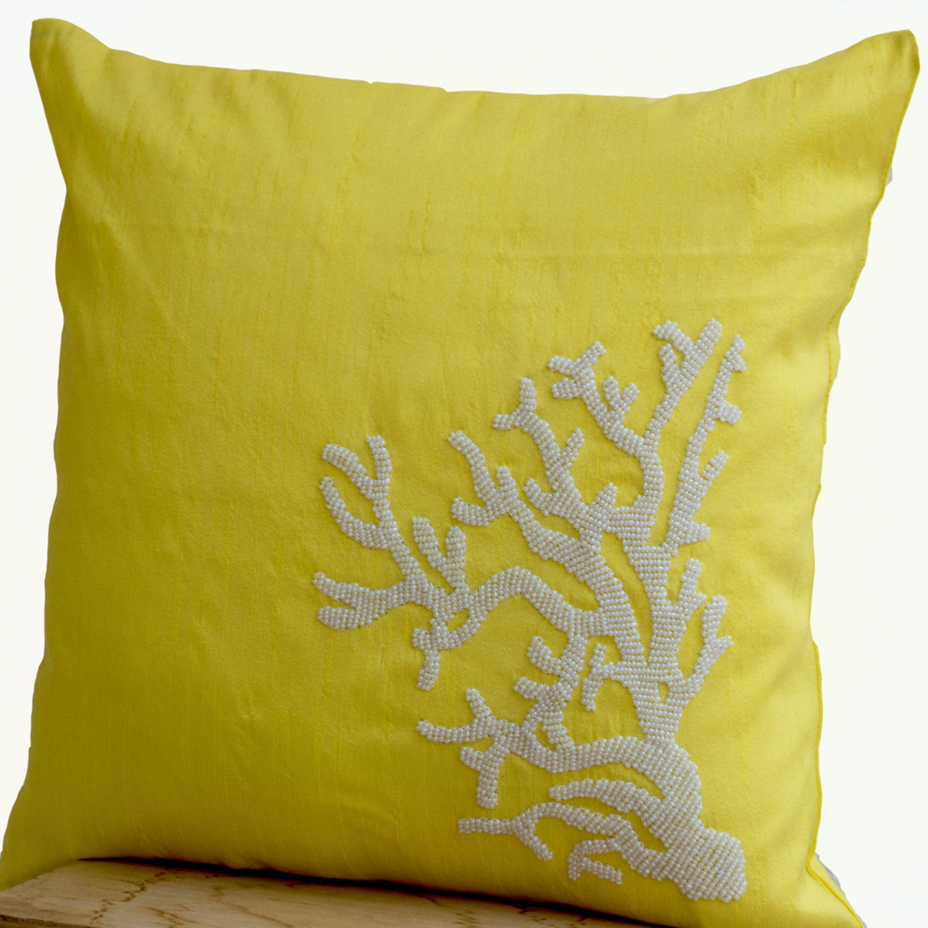 Nautical Pillow Cover White Coral Embroidered On Yellow Silk In White Beads