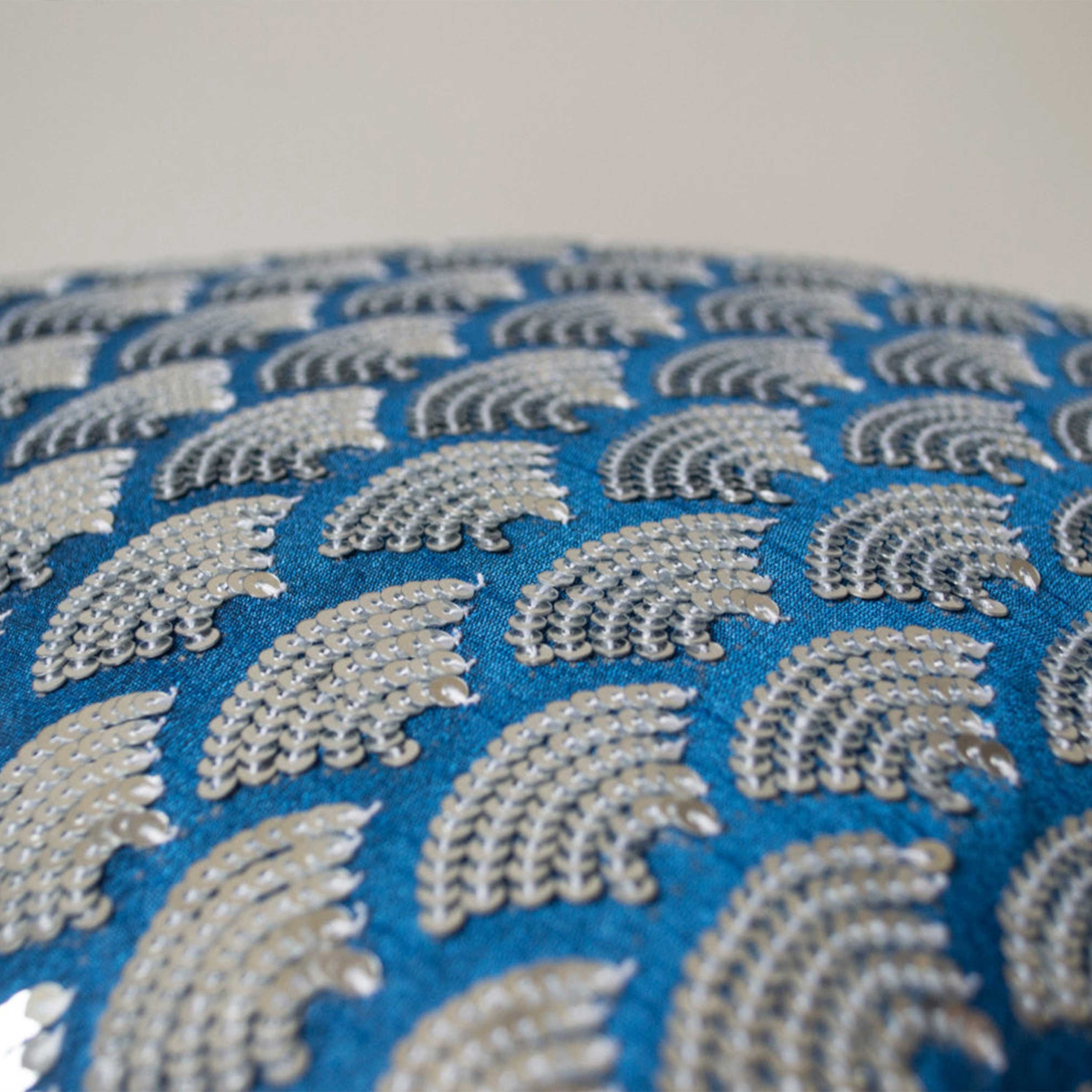 Silver Sequin Scallops On Blue Pillow Cover