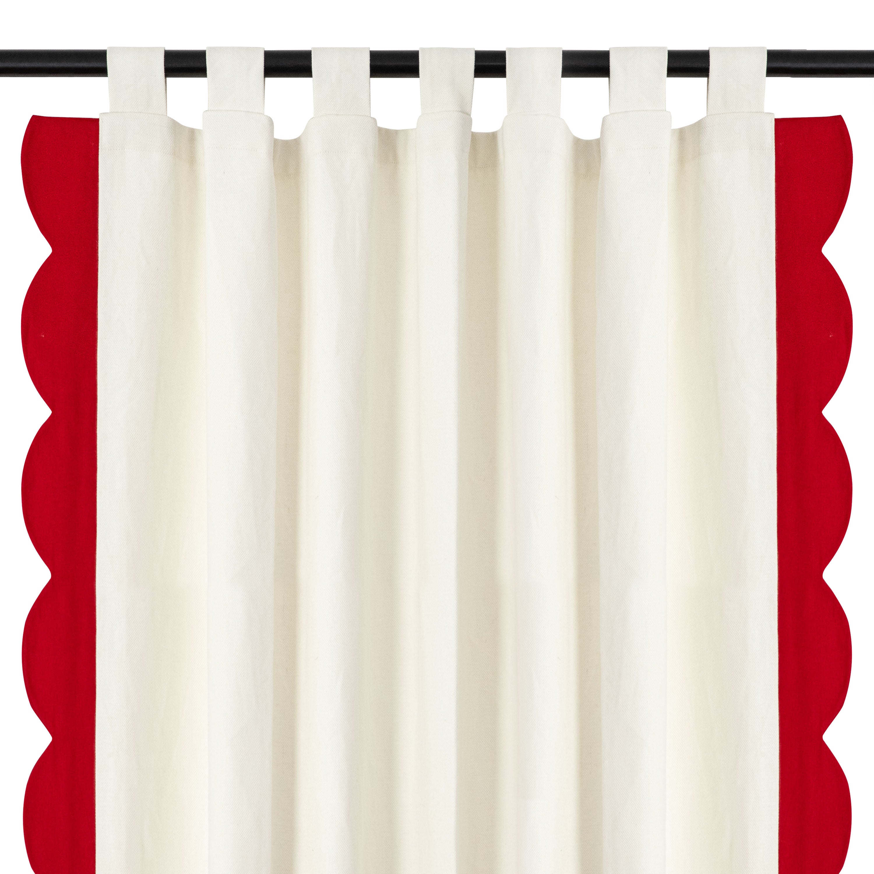 "Handcrafted ivory-red scalloped cotton blend curtains, perfect for creating a cozy, playful Christmas theme in kids' rooms, nurseries, and more!"