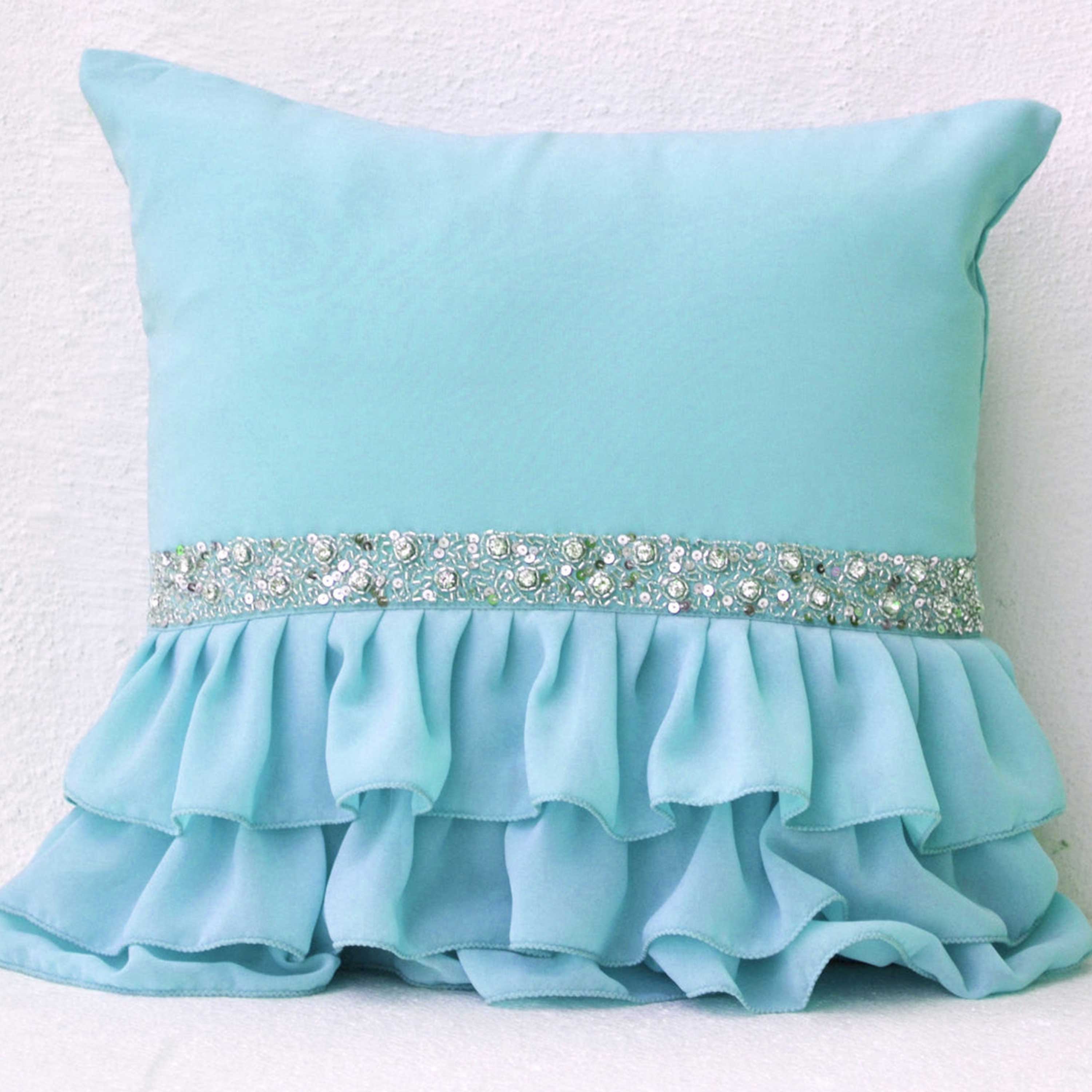 Sky blue ruffled decorative pillow with sequins - Light blue cushion cover - Gift pillows for Christmas,wedding - 16X16 Decorative Pillowa
