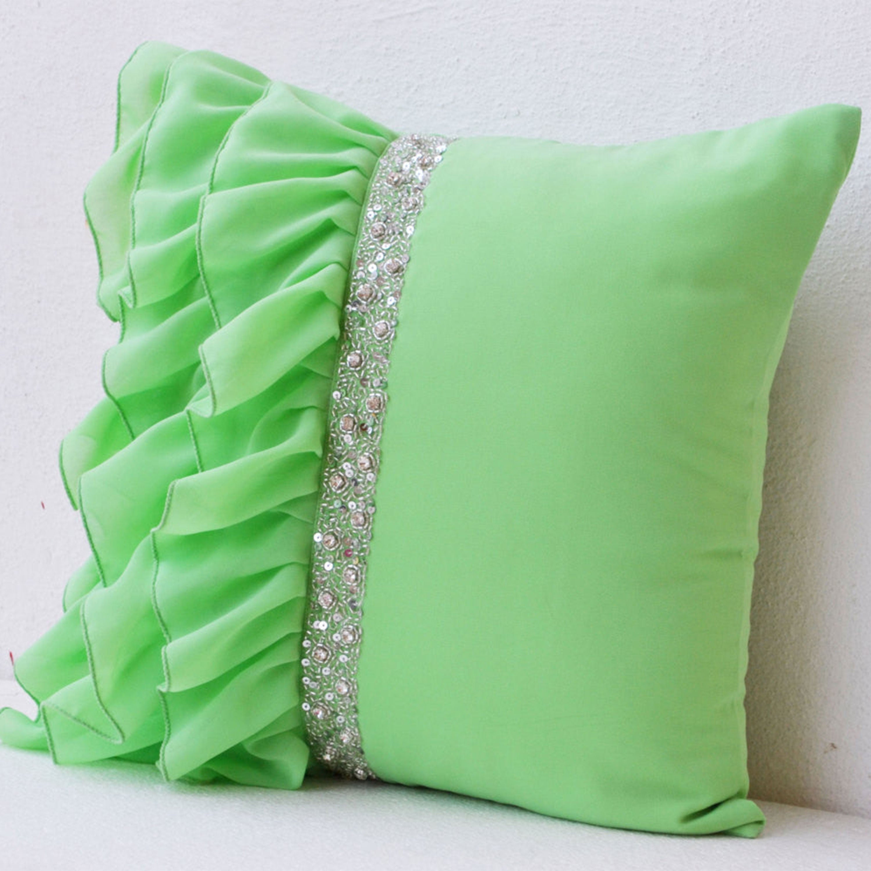 Green ruffled sequin throw pillow -16X16 Decorative Pillow- Green cushion cover- Gift pillow for Christmas , new year, wedding , Halloween.