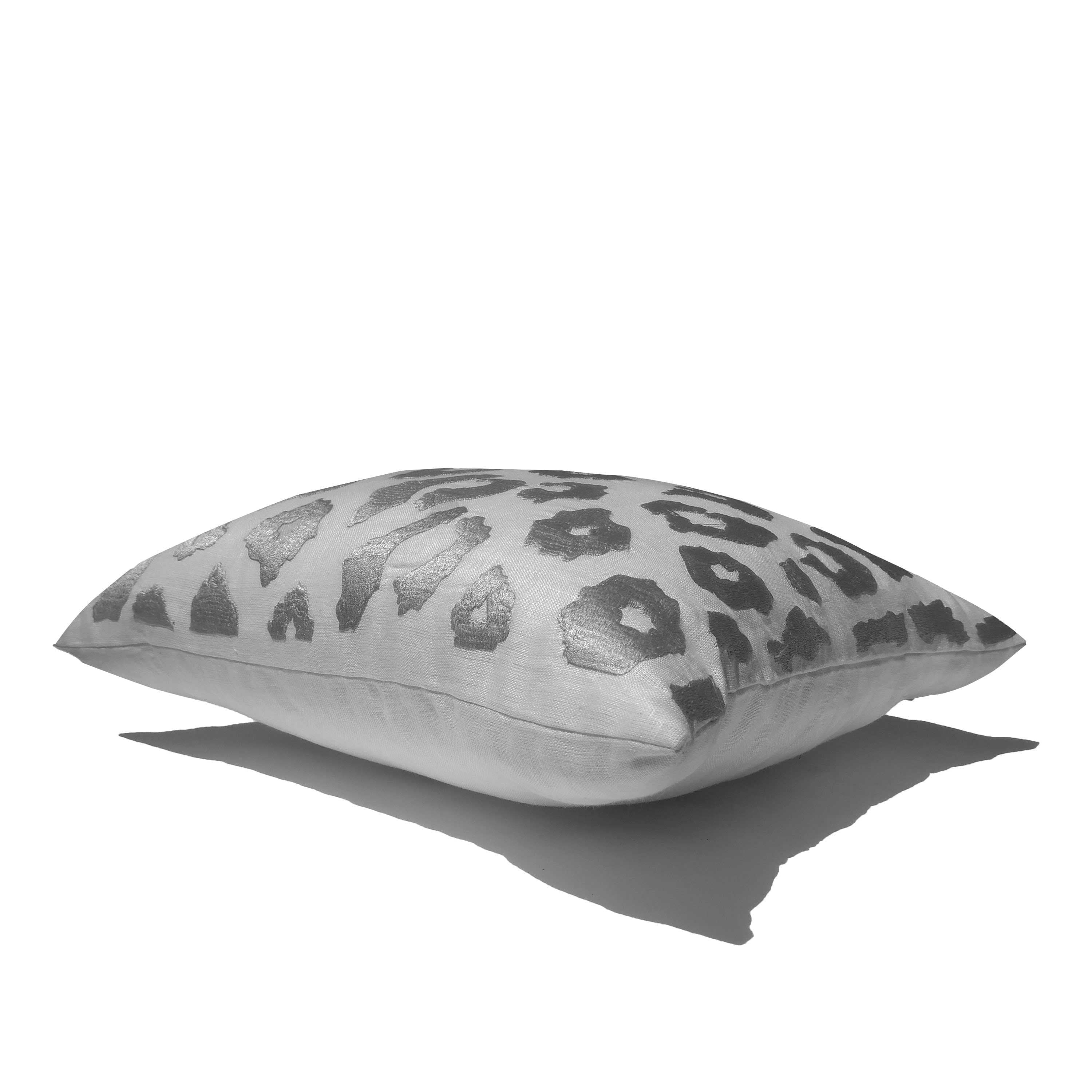 White Gray Leopard Embroidery Linen Pillow Cover