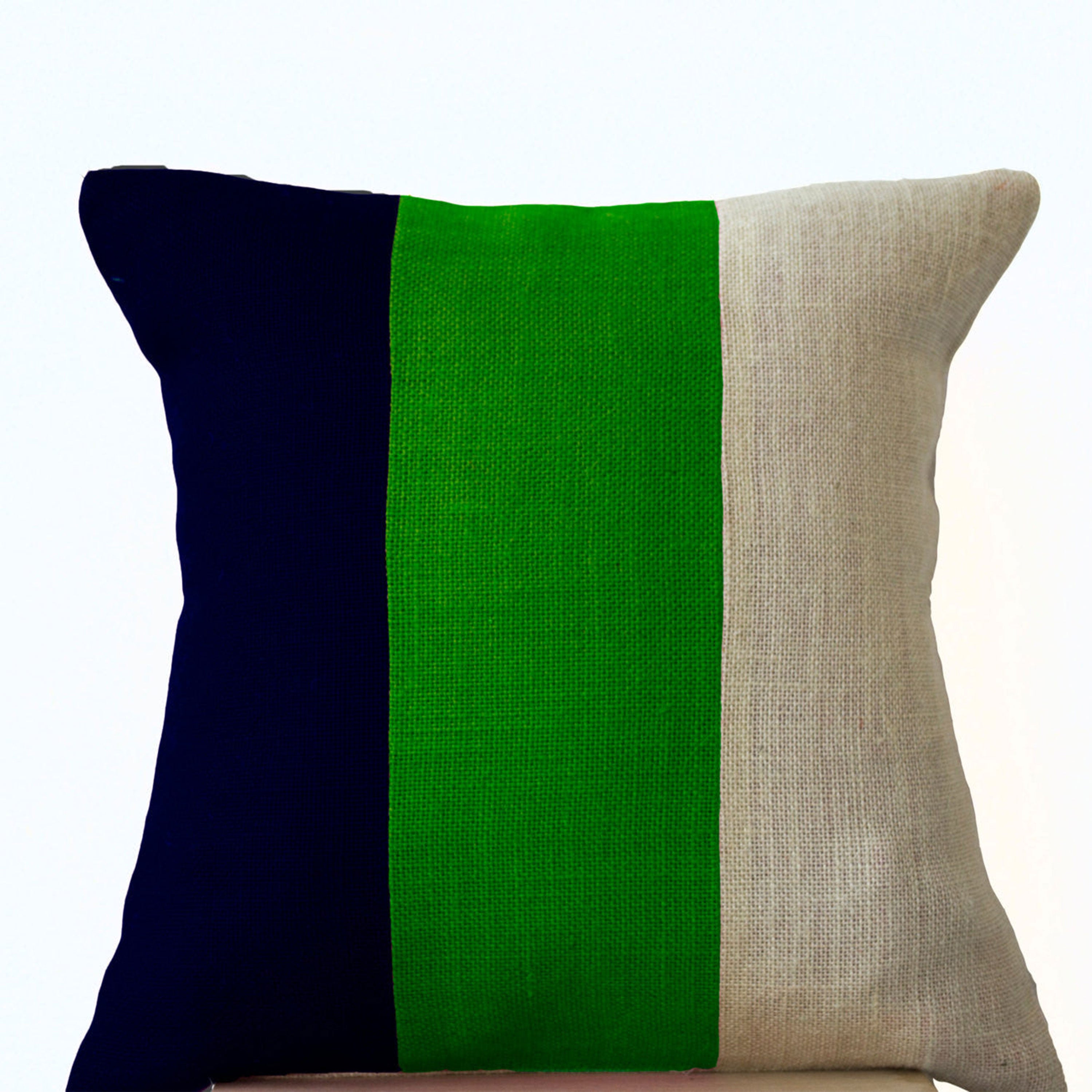 Modern Color block Pillow, Navy Green and white Burlap Throw pillow, Couch Pillow, Modern Decor