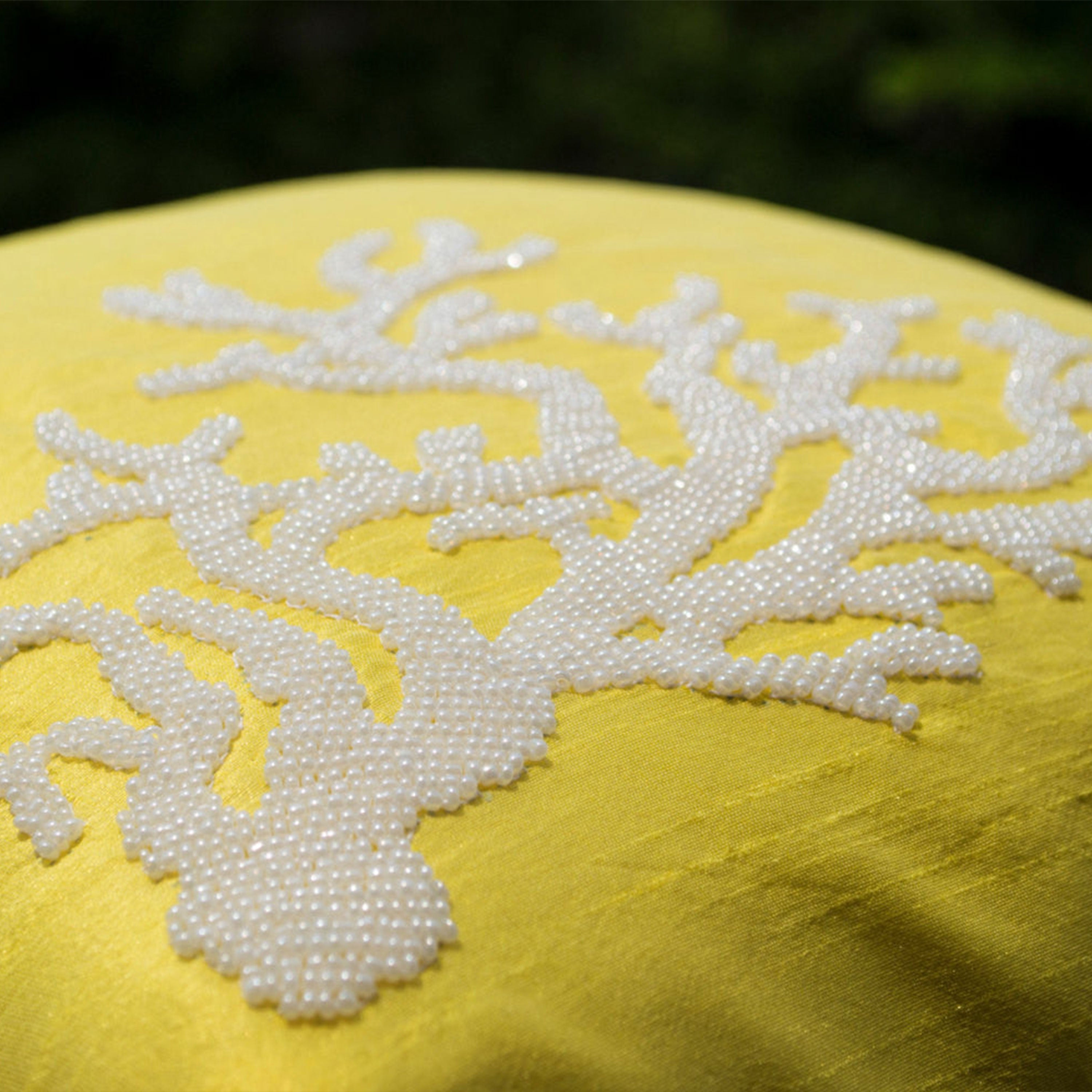 Nautical Pillow Cover White Coral Embroidered On Yellow Silk In White Beads