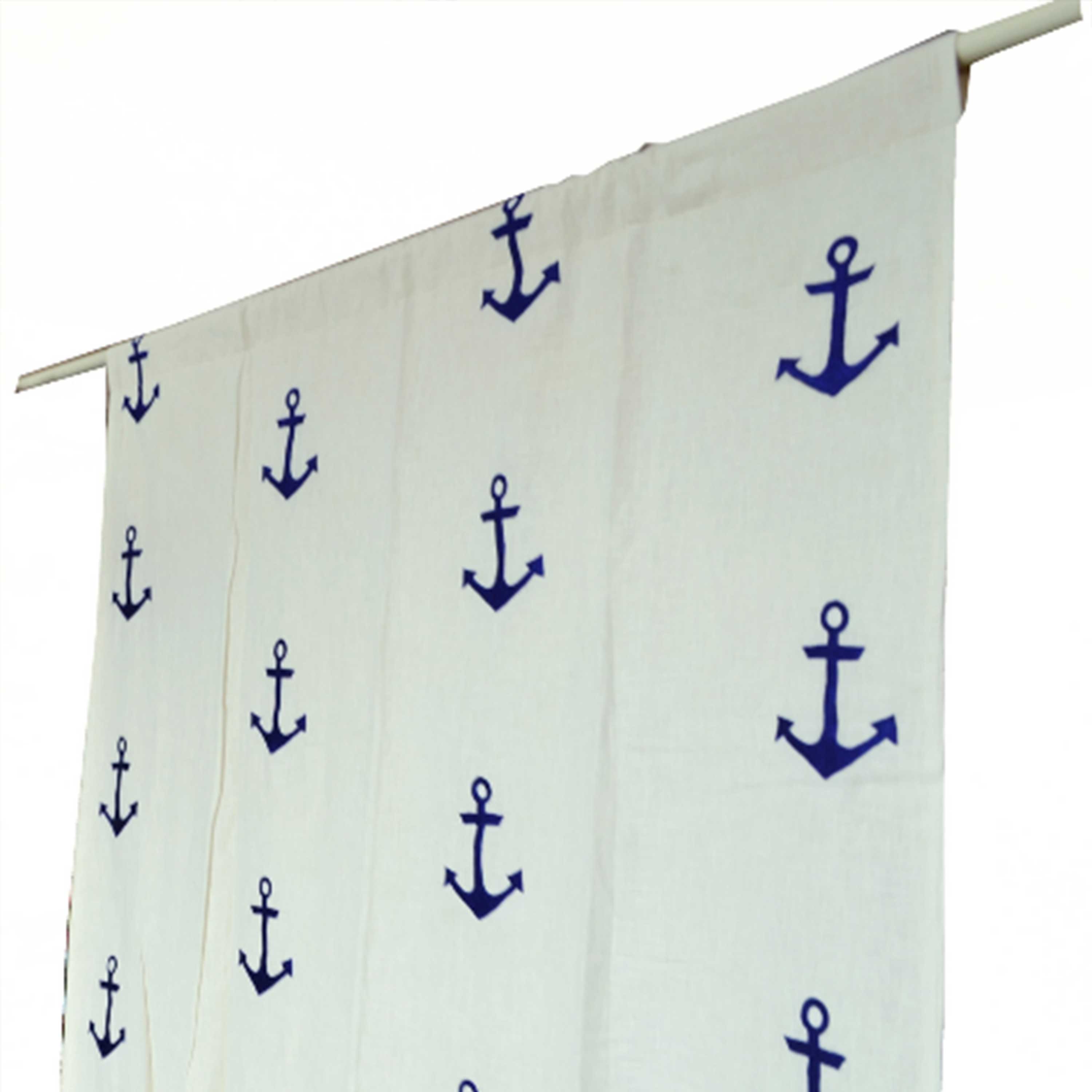 Handcrafted Navy blue linen curtain with anchor embroidery, ivory linen rod tab curtains for nautical décor.
