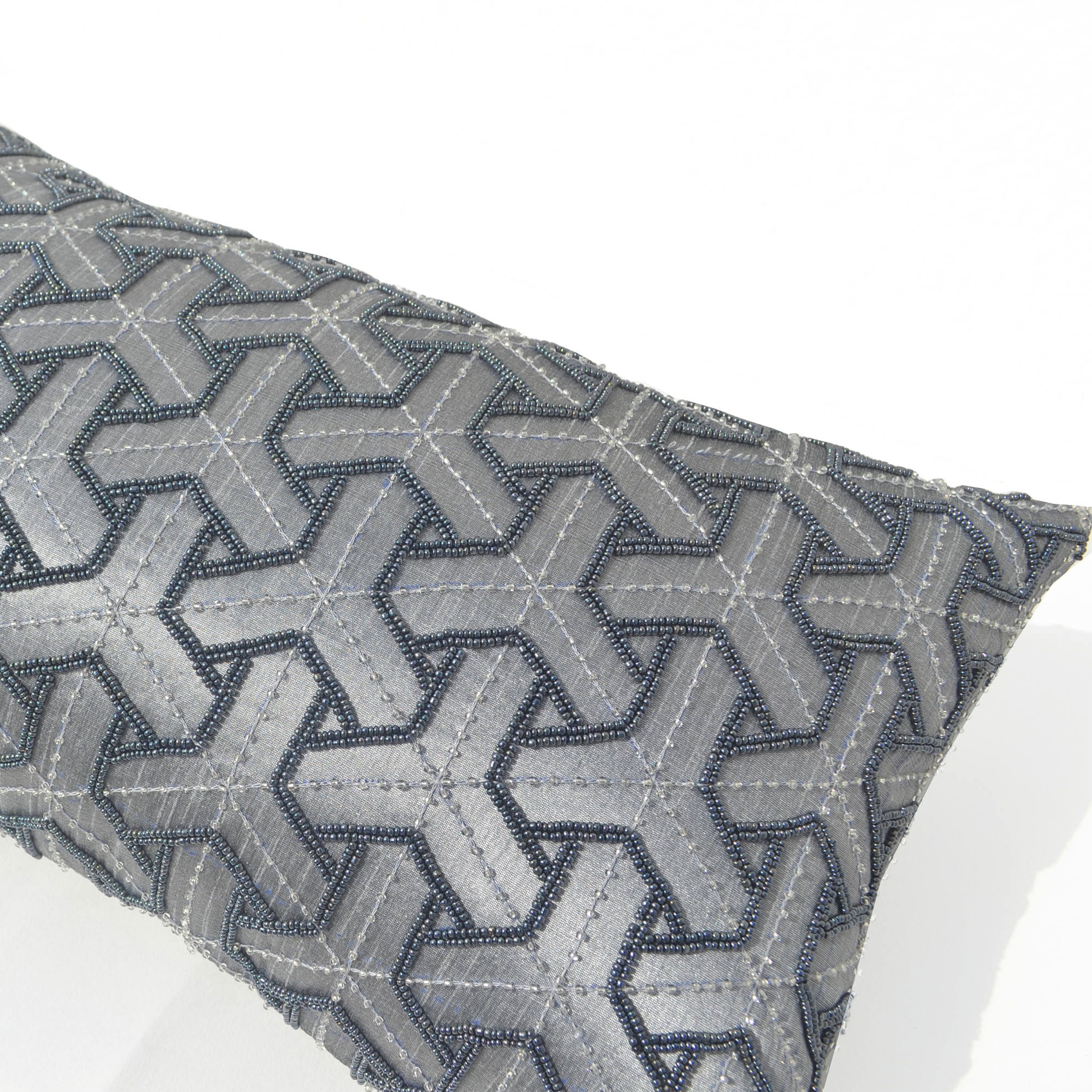 Japanese Sashiko Design Gray Silk Pillow Case With Gray Beads Embroidery, Decorative Throw Cushion Cover