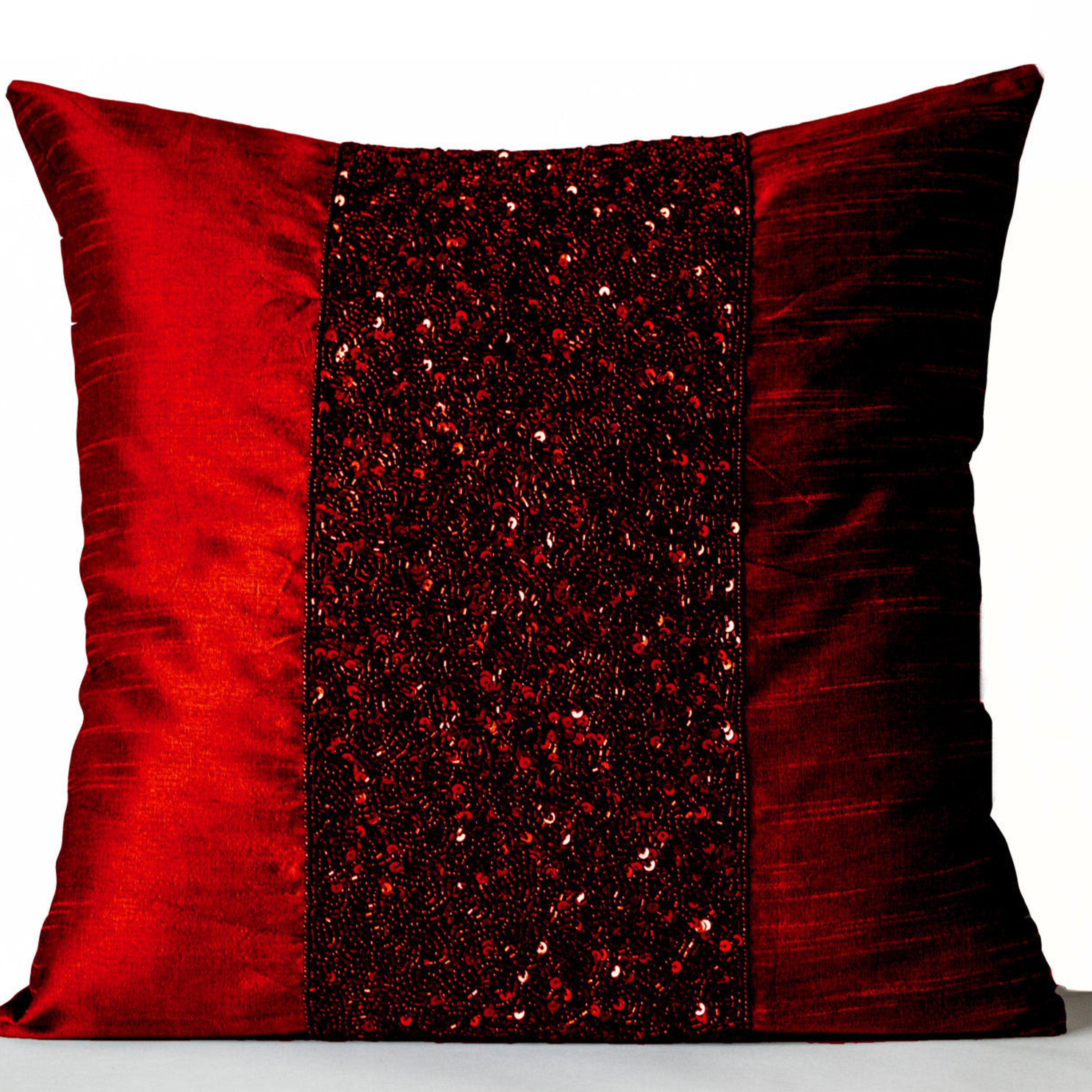 Decorative Throw Pillow Cover in Red Embroidered Pillowcase 16x16 Beaded Cushions Gifts Royal Red Pillows Couch Toss Pillows Christmas
