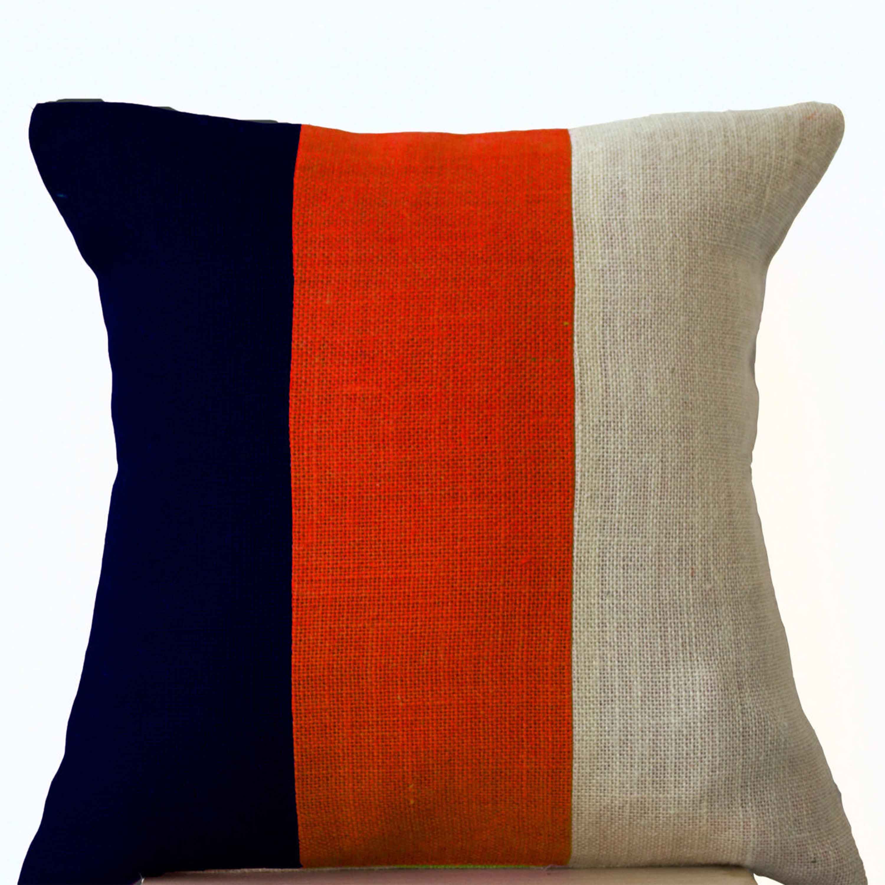 Striped BurlapThrow Pillow -Modern Color block-Navy Orange Ivory Pillow- modern pillow cover- Color block cushion -16x16- Gift-Chair Pillow