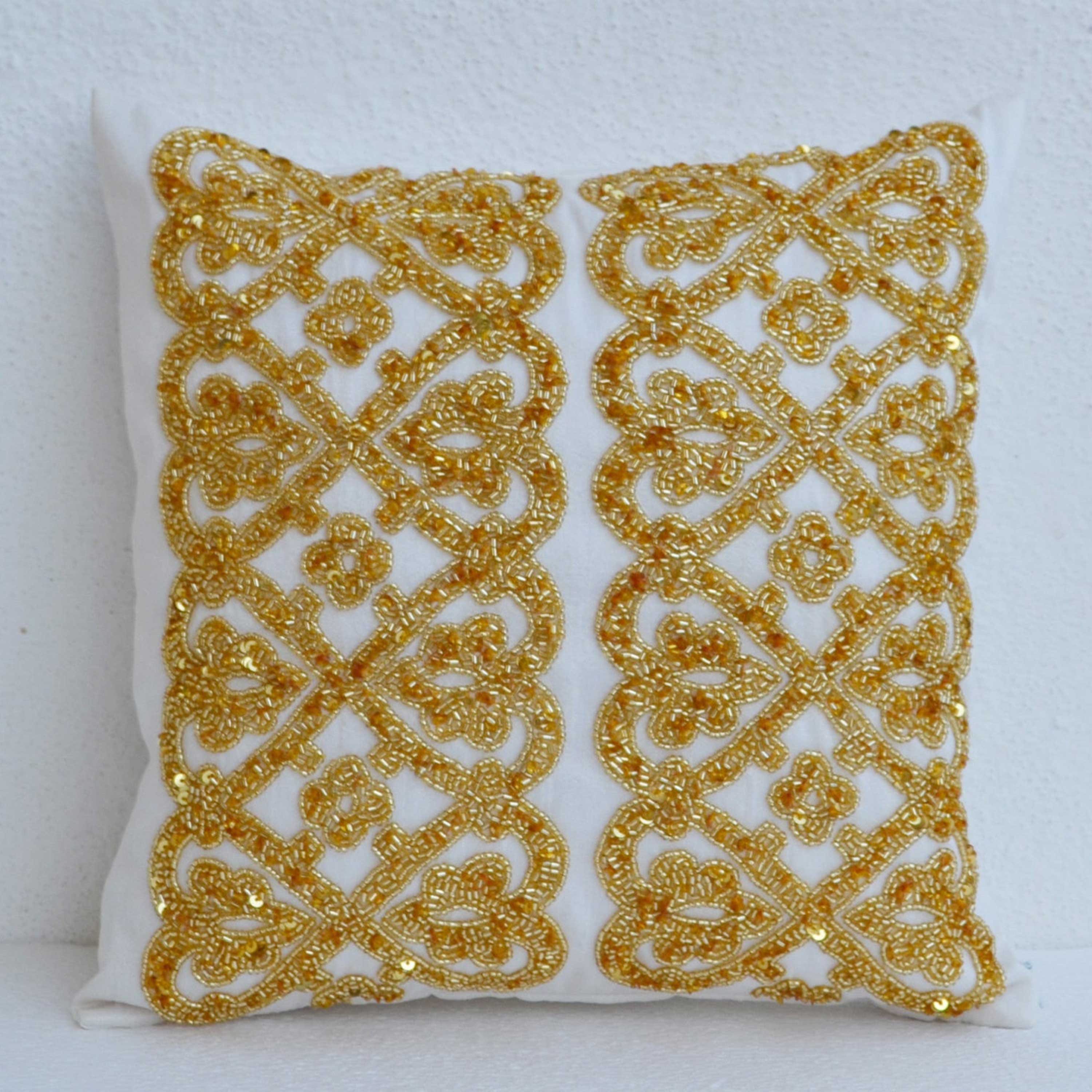 White geometric throw pillows beaded detail - Gold bead pillow - Silk pillow - Cushion cover zipper - Gift pillow 16X16- White gold pillow