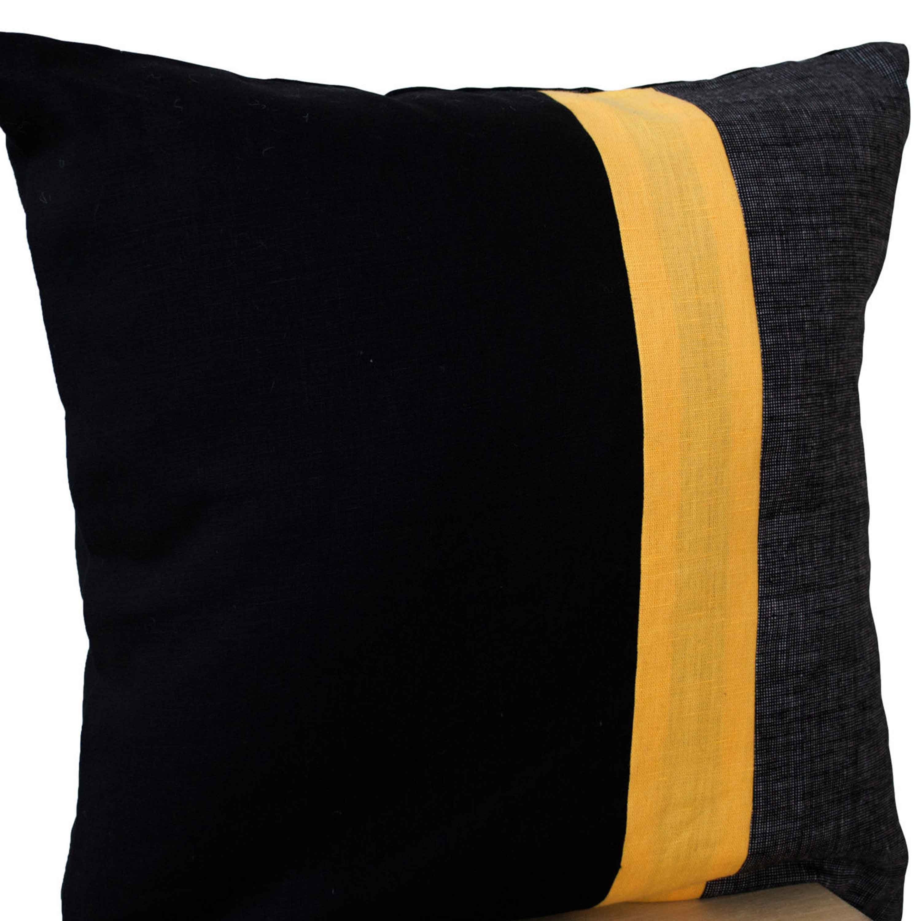 Premium Geometric Accent Linen Pillows Cover With Bold Stripes In Black, Grey And Yellow