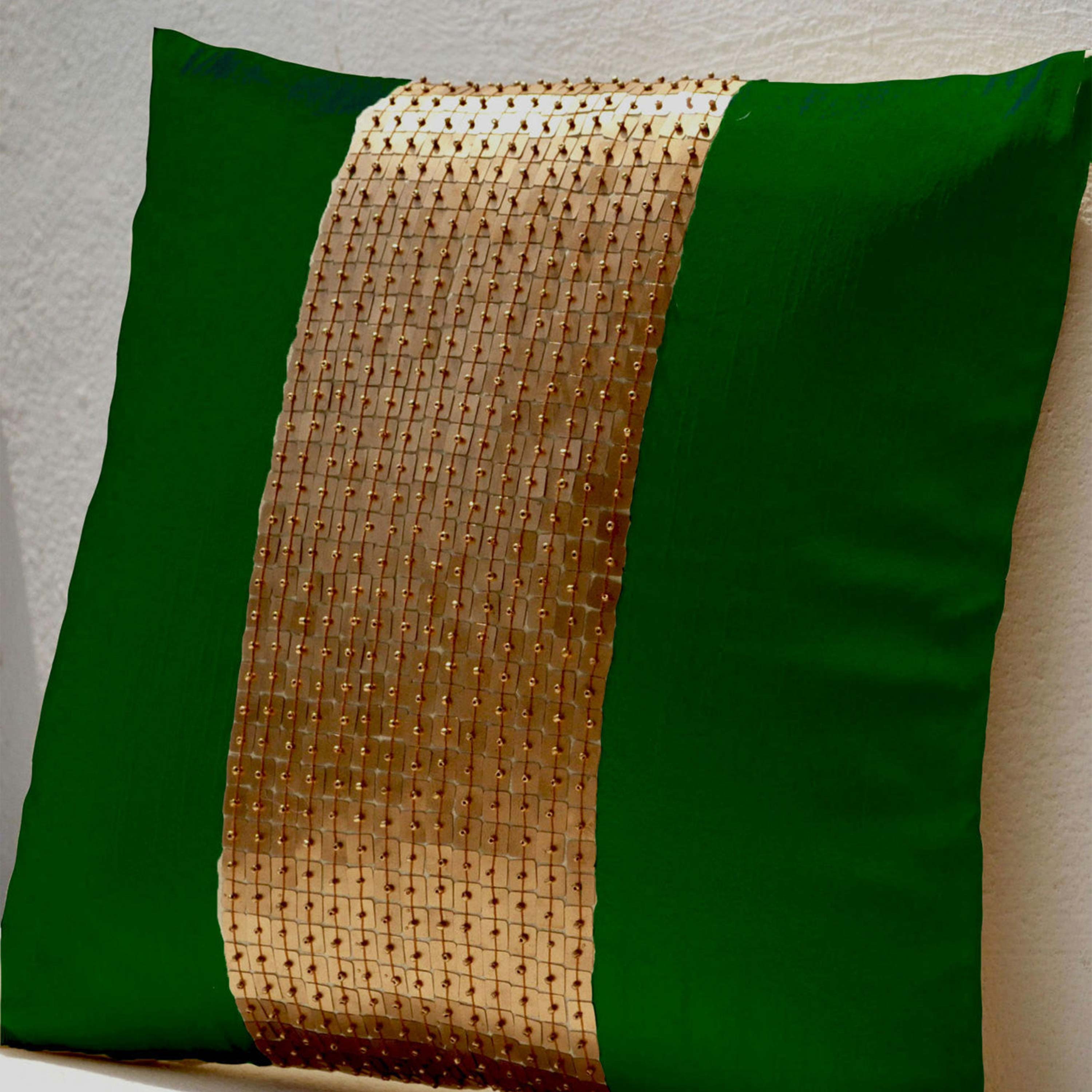 Throw Pillows - Emerald green gold color block in silk sequin bead detail cushion - sequin bead pillow - 16X16 Emerald green pillow - gift