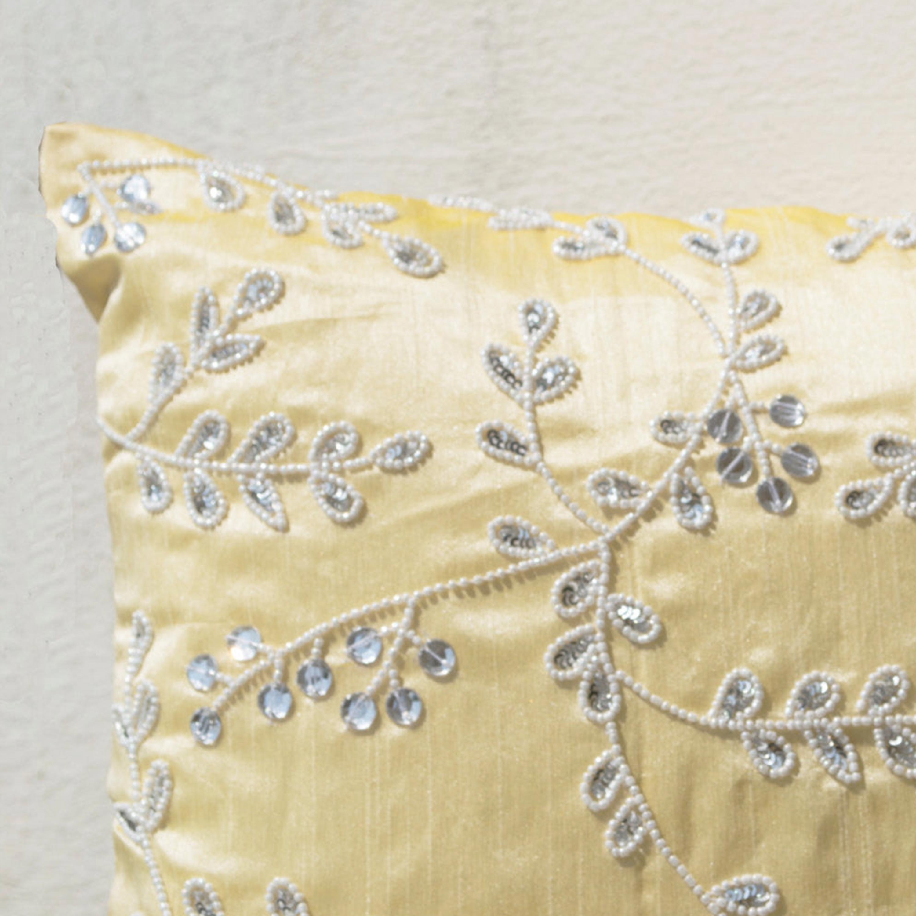 Yellow throw pillows bead sequin detail
