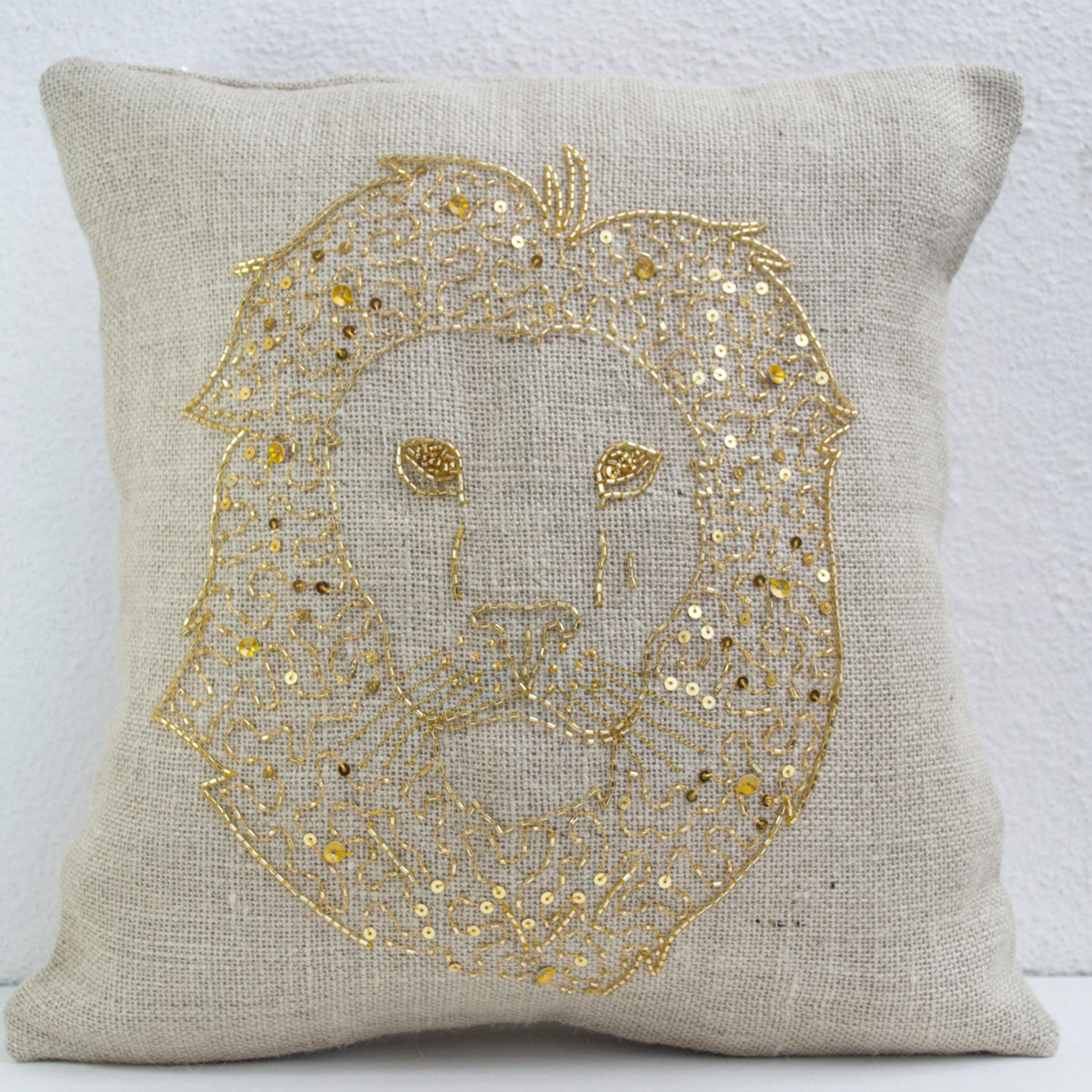 Lion Pillows - Animal pillow with lion embroidered in gold sequin -Burlap pillows -Gold lion pillow - Gold pillows- Wildlife pillows 16x16