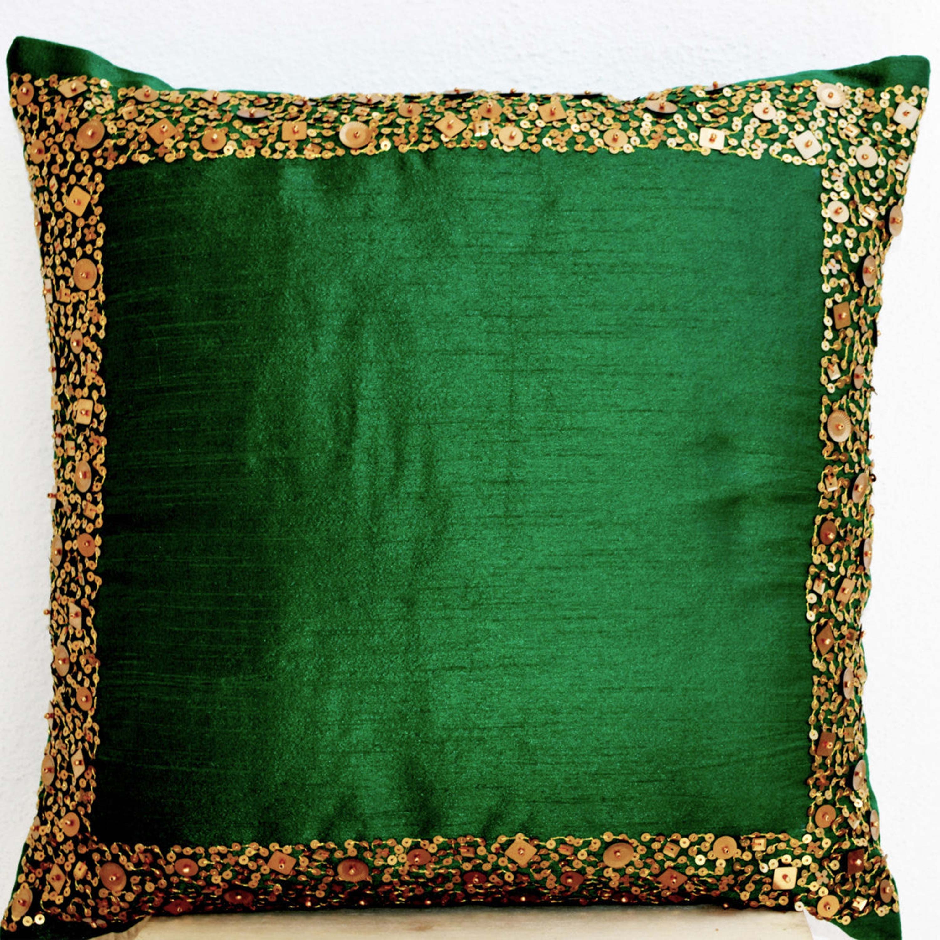 Throw Pillows - Emerald green cushion with gold sequin boarder - sequin bead pillow - 16X16 - Green pillow - gift pillow -Decorative pillows