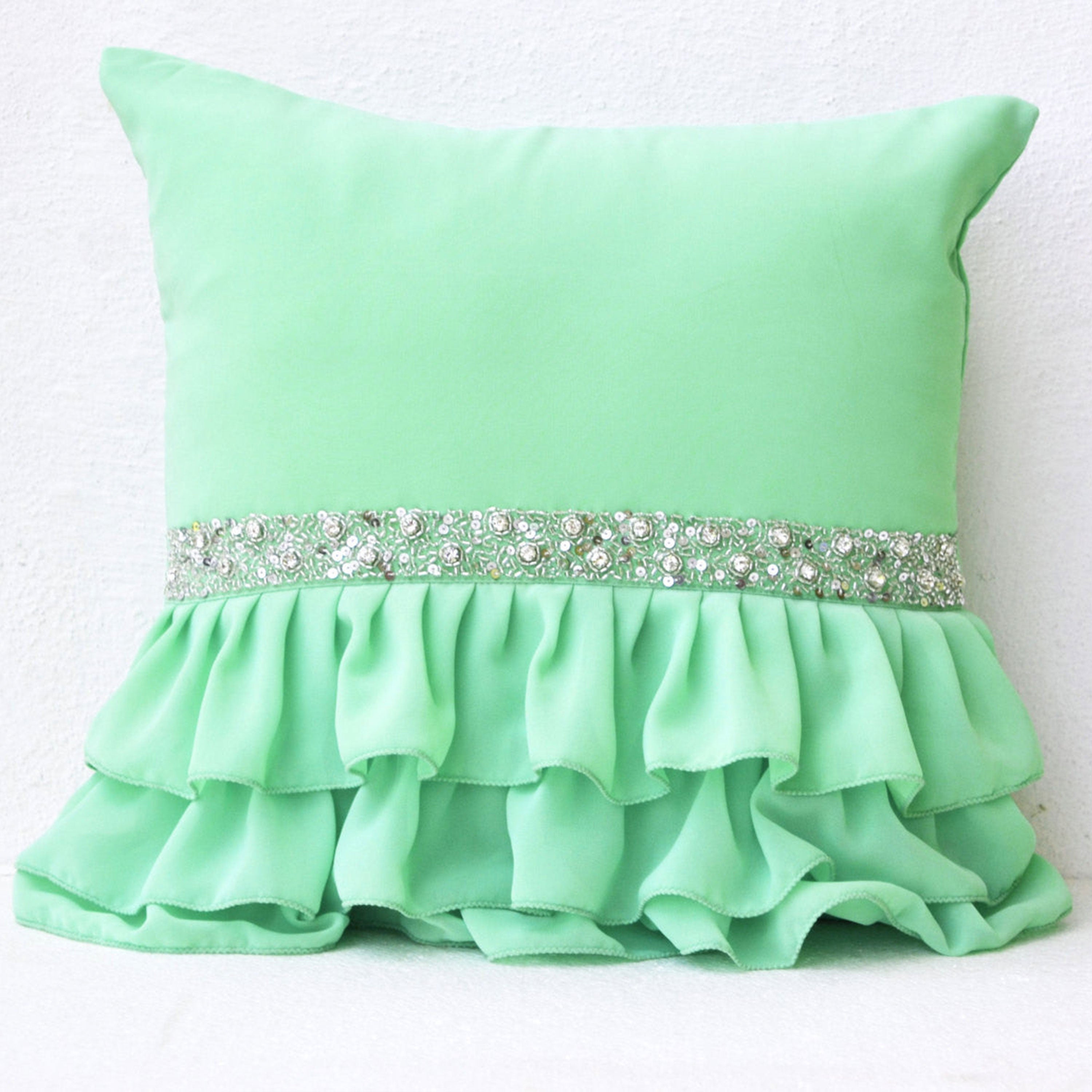 Mint green ruffled beaded throw pillows- 16X16- Decorative Throw Pillow Cases- Mint cushion cover - Gift -Rhinestone Bead Embroidered Pillow