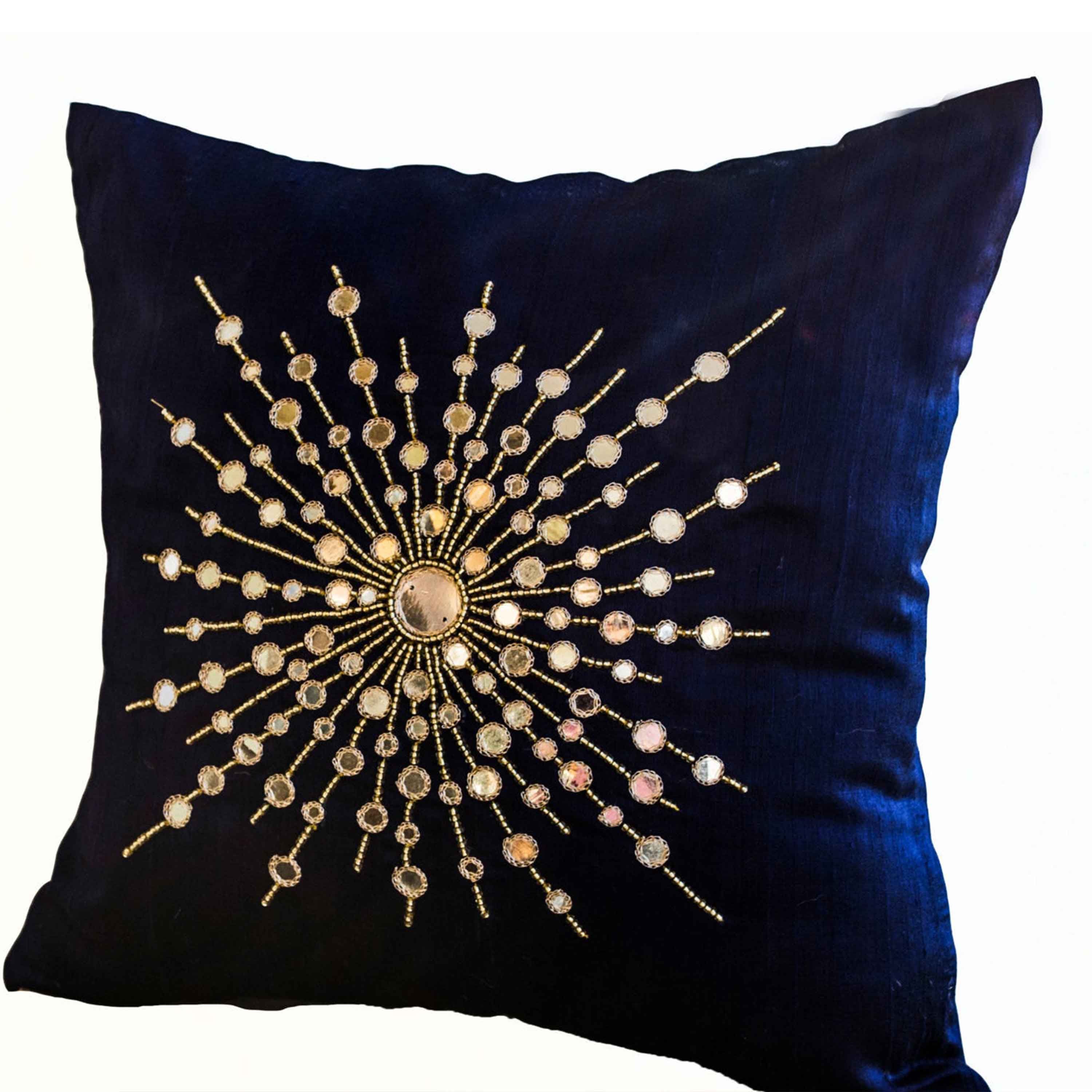 Premium Pure Navy Blue Silk Pillows Mirror embroidery- Silk Couch pillows- Decorative Sheesha silk pillows -16X16 pillow- Star burst pillow