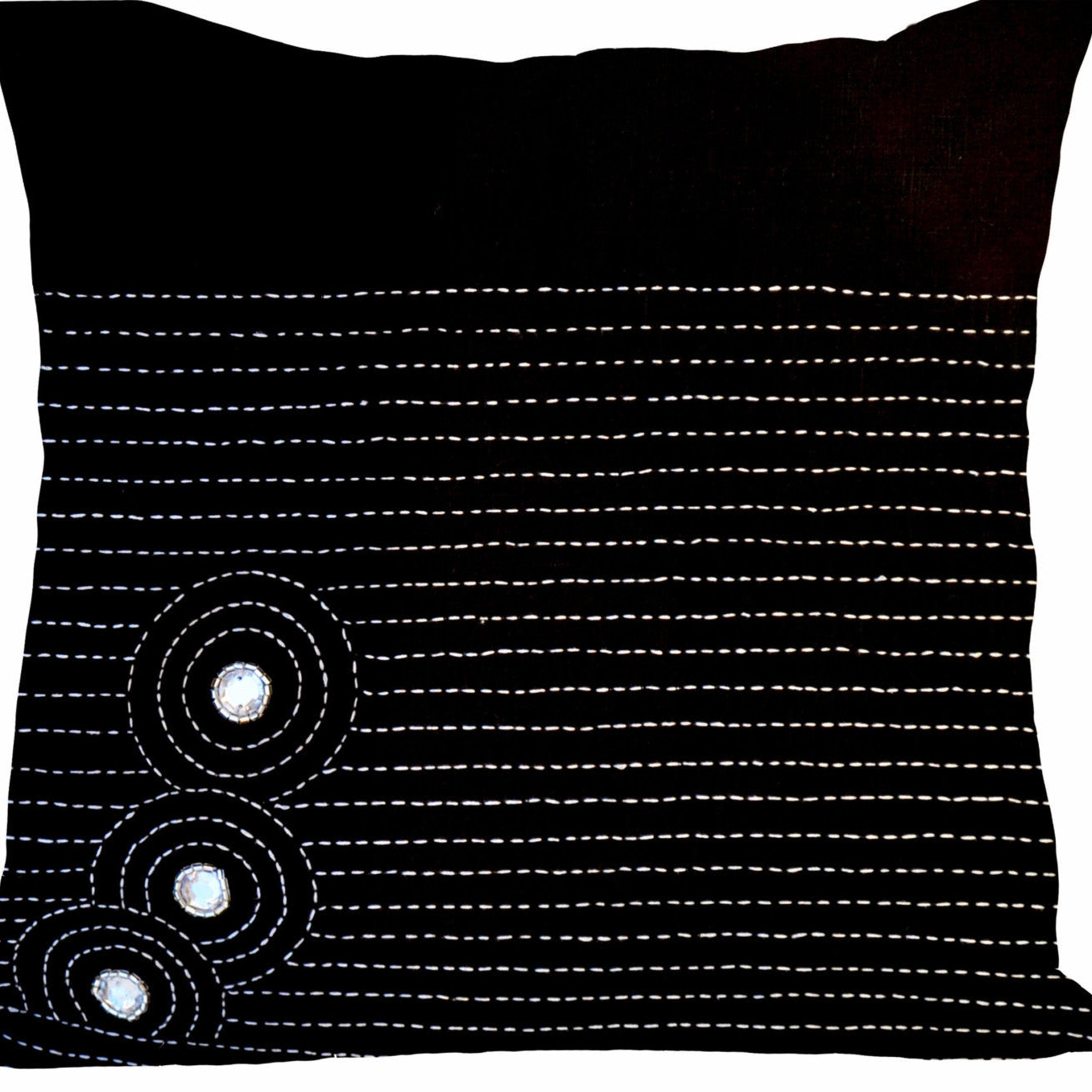 Handcrafted Zen Designer Black Linen Throw Pillows with Sashiko and Crystals Holiday gift