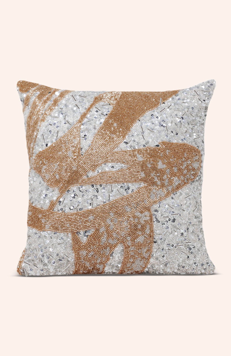 Ode To Japan - Gold Silver Beaded Pillow Cover, Gilver Beads Pillow Case