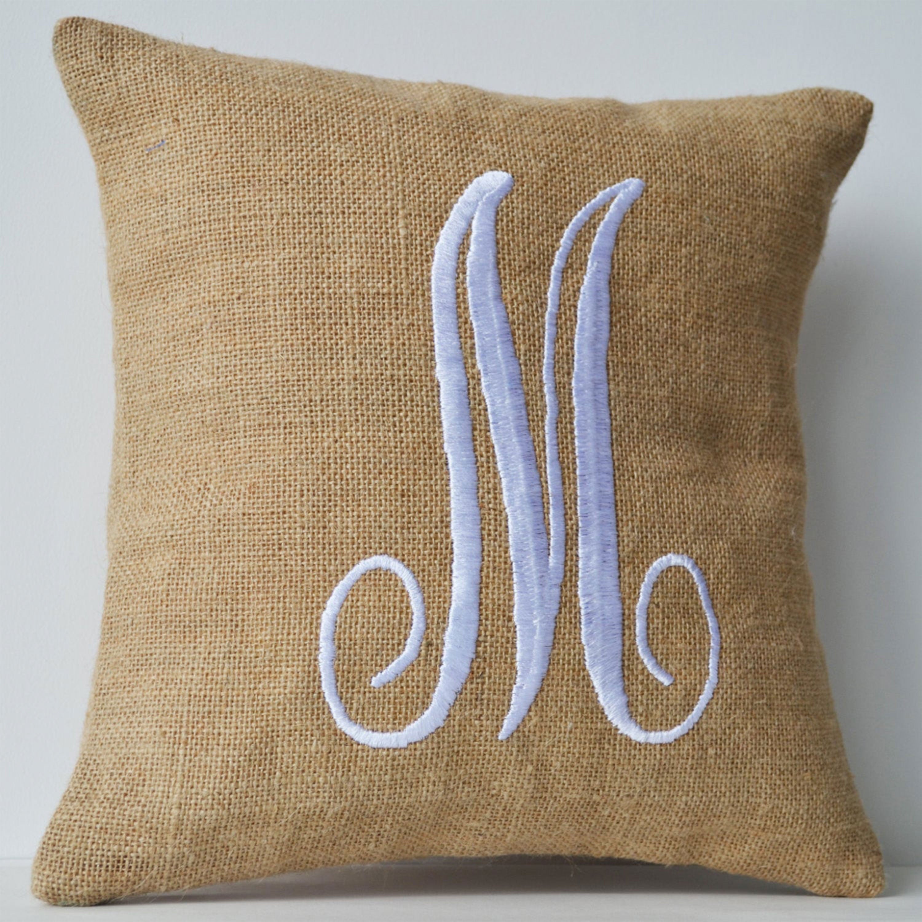 Monogram Pillows- Natural Burlap with White Embroidered Letter Pillow- Custom letter pillows- Gift- 16x16- Cursive letter monogram pillow