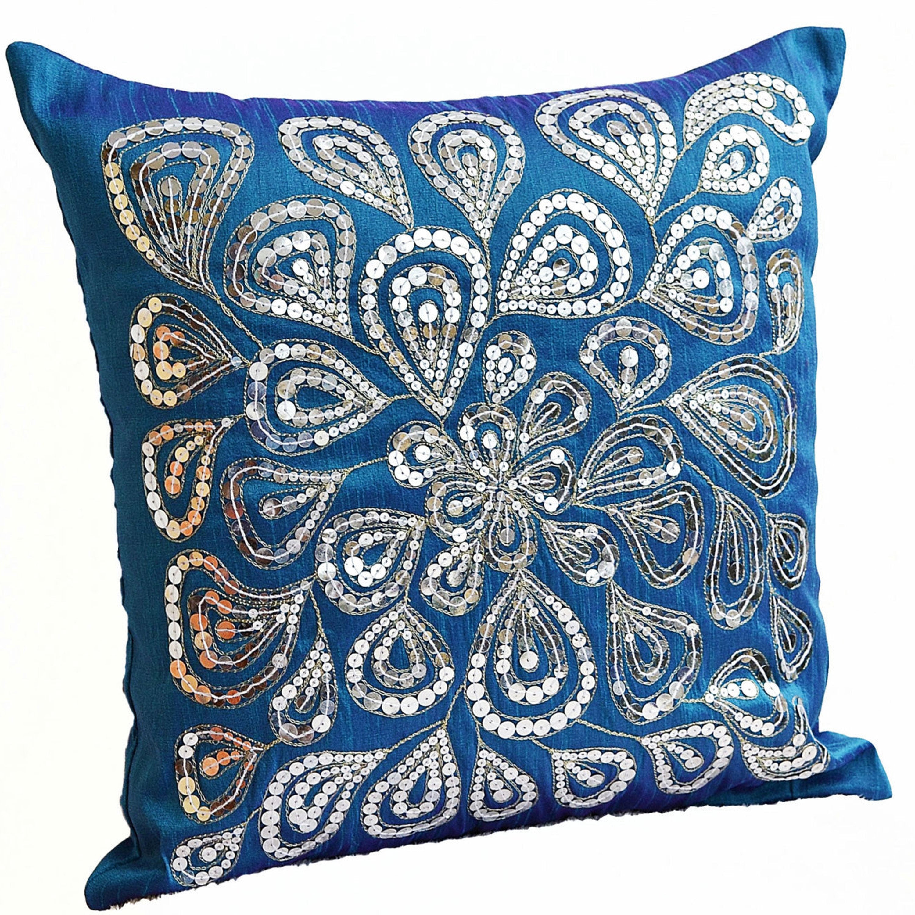 Blue Throw Pillows With Silver Sequins Dazzling Flower Floral Pillow cover