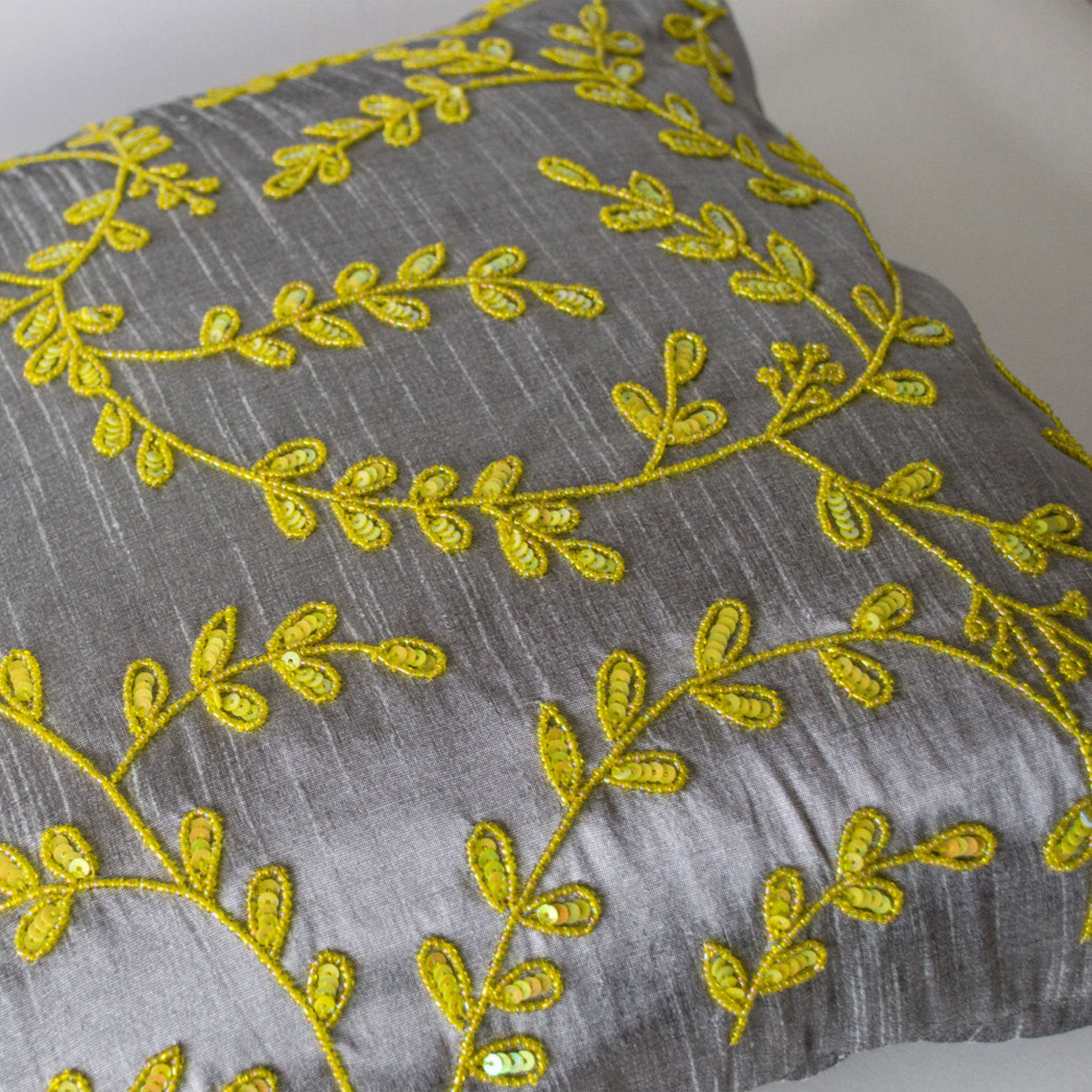 Grey Yellow throw pillows with beads detail -Beaded Leaves pillows -Silk pillows -Cushion cover -Gift pillow -16X16- Beaded Couch Pillows