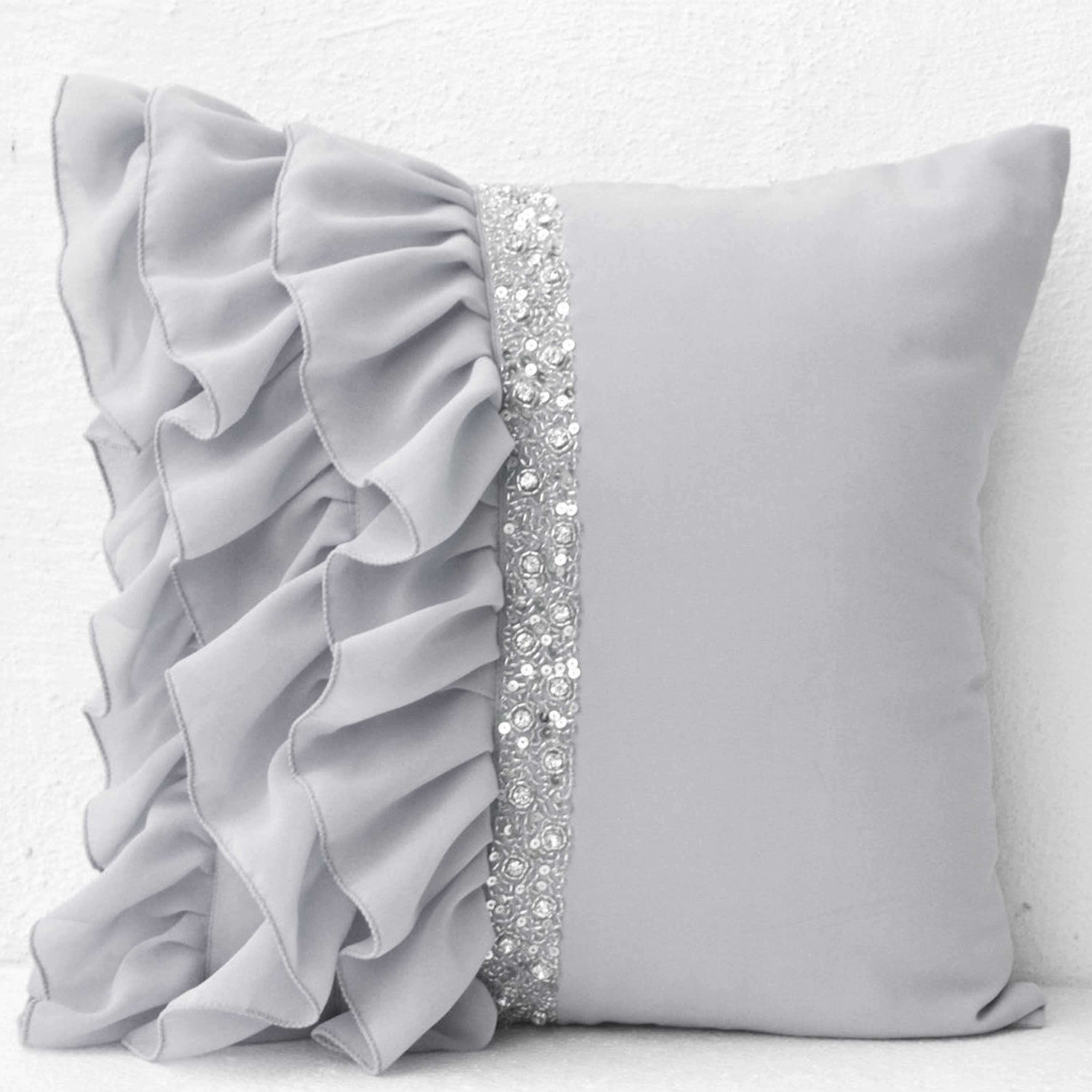 Silver grey ruffled sequin throw pillow - 16X16 Decorative Pillow - Gray cushion cover - Gift Pillow spring, summer