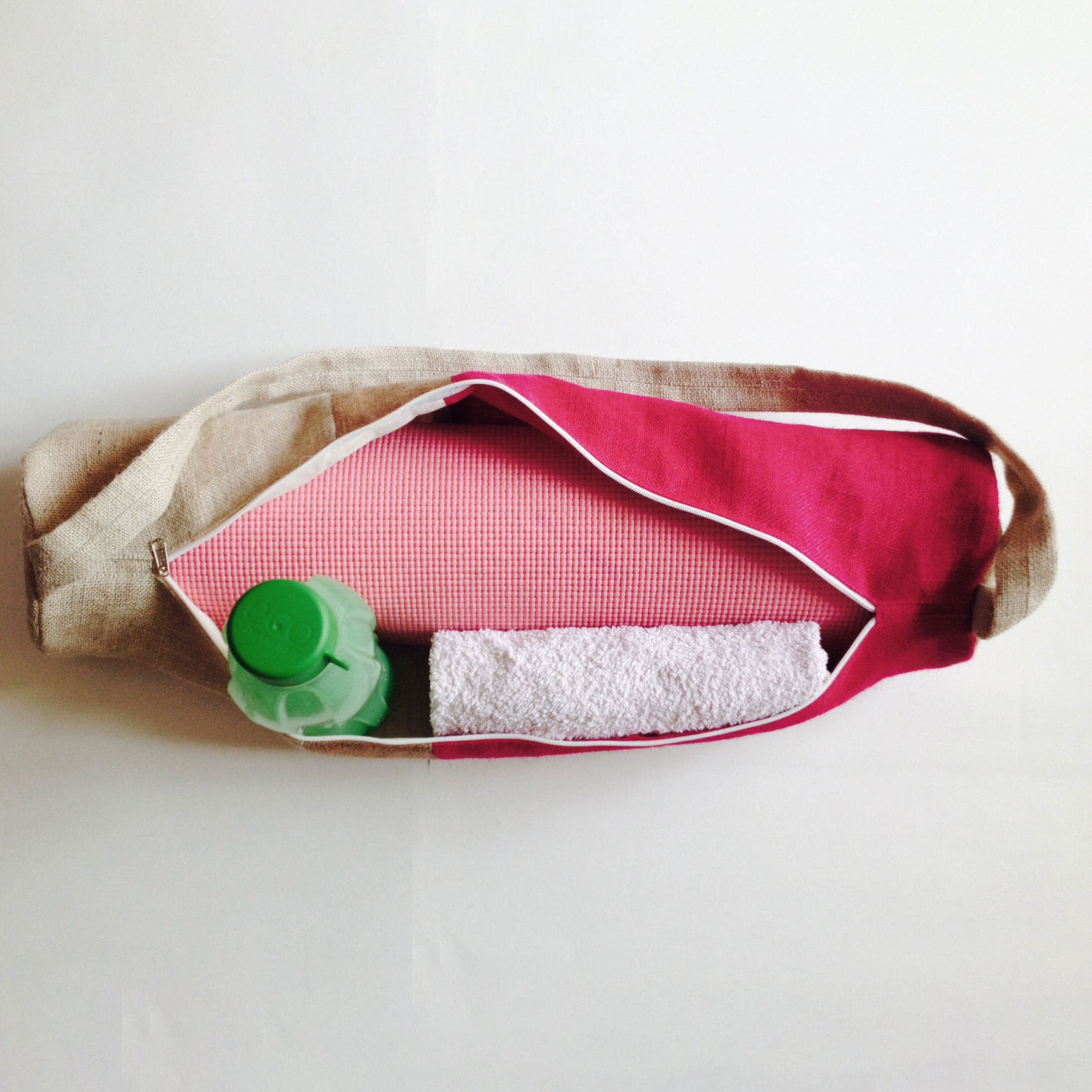 Personalized Yoga Bags Light Weight Burlap Color Block Yoga Tote Cute Fuchsia Beige Cream Yoga Sling