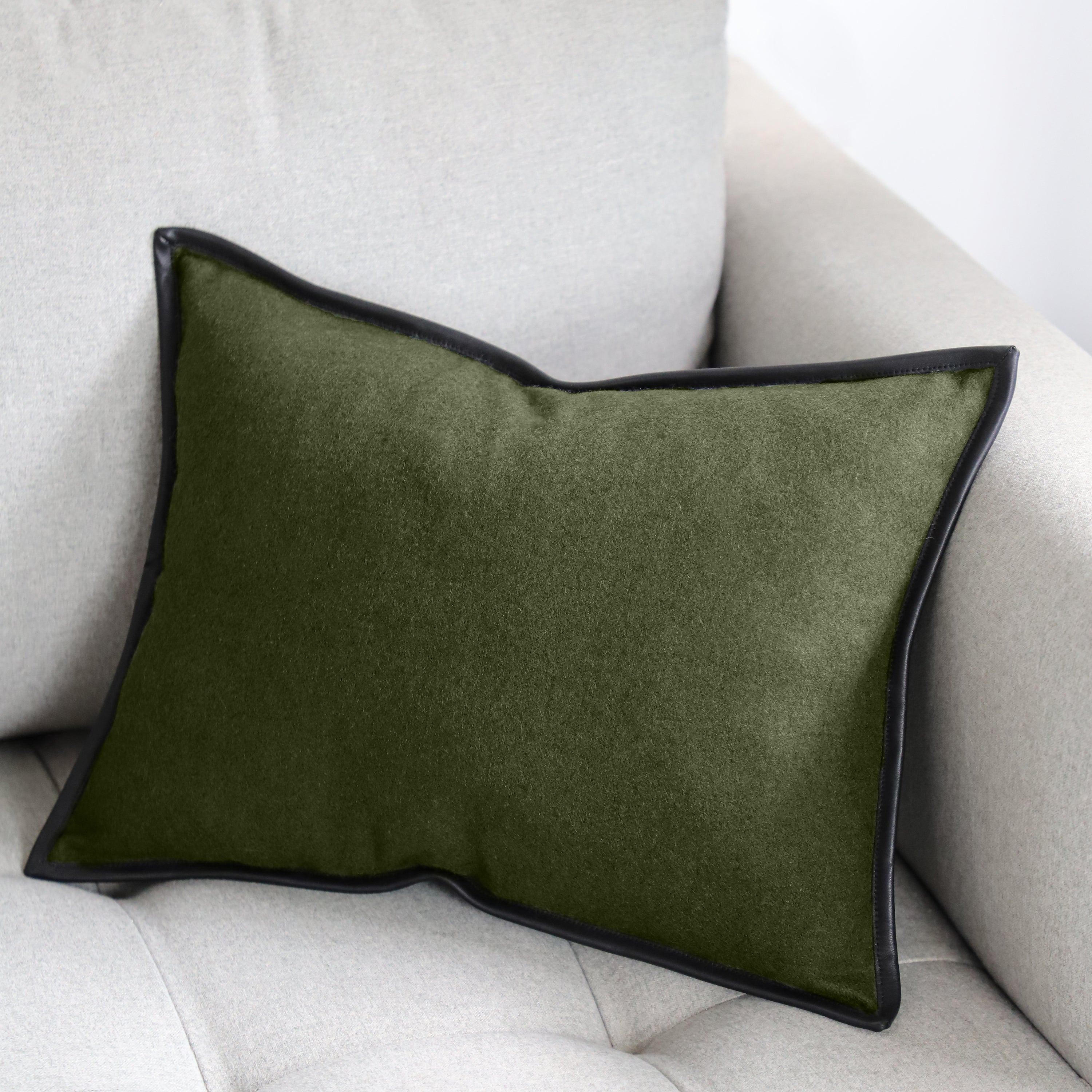 Olive Green Wool Felt Throw Pillow Cover with Genuine Leather Trim