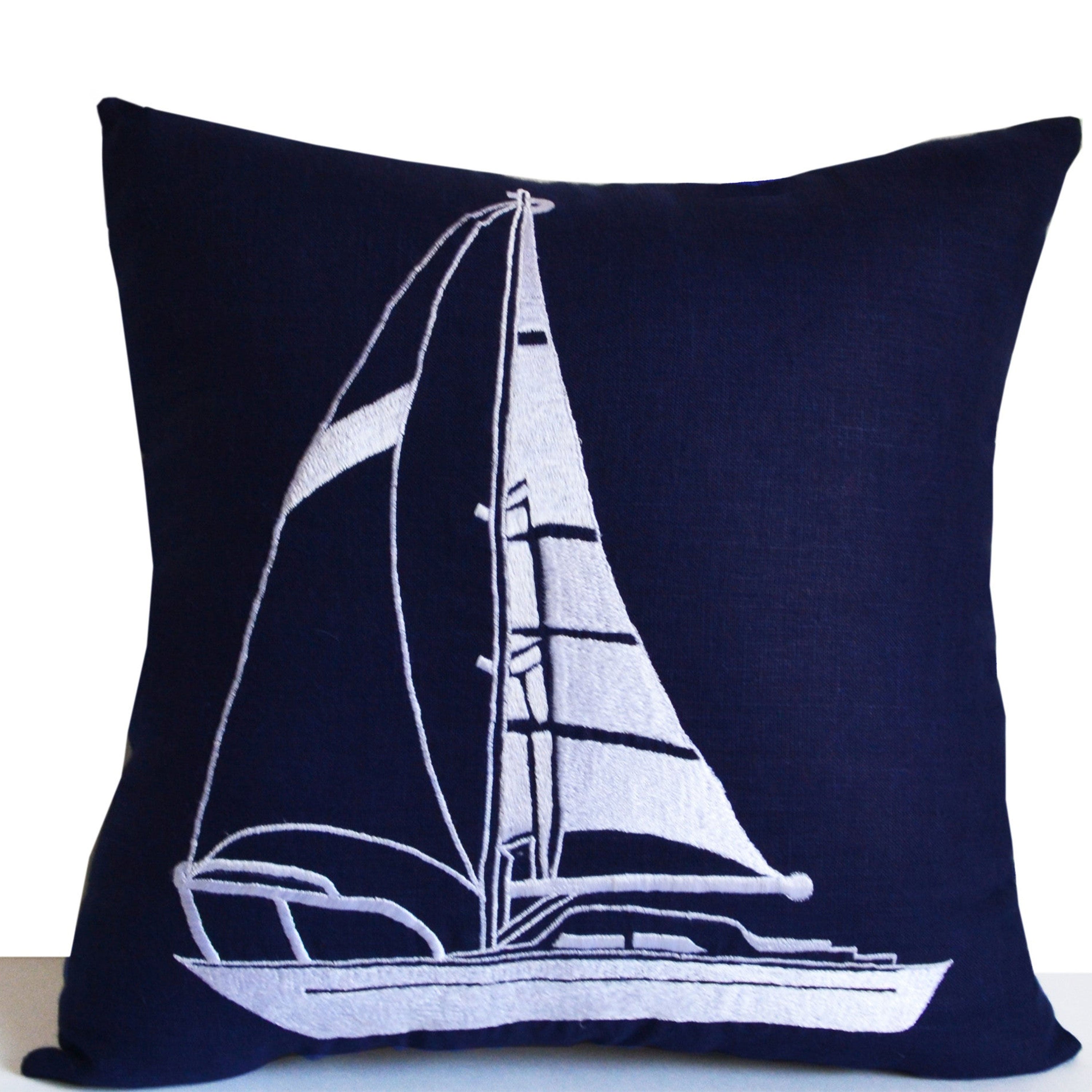 Decorative Pillow Nautical Vibe Yacht Motif In Navy Blue Linen