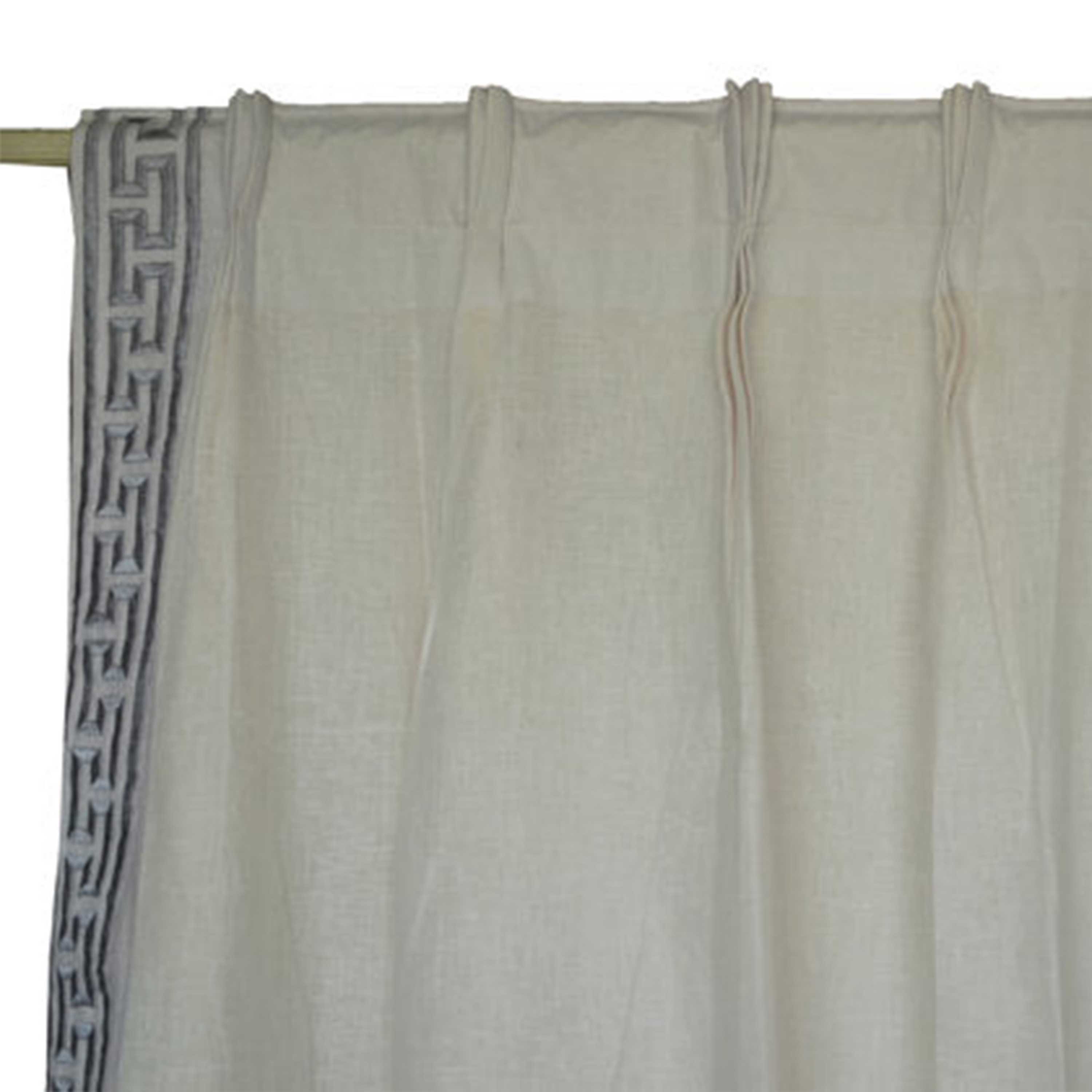 Handcrafted pleated linen curtain with Greek key embroidery adds elegance, lined with pre-washed cotton for privacy & light diffusion.
