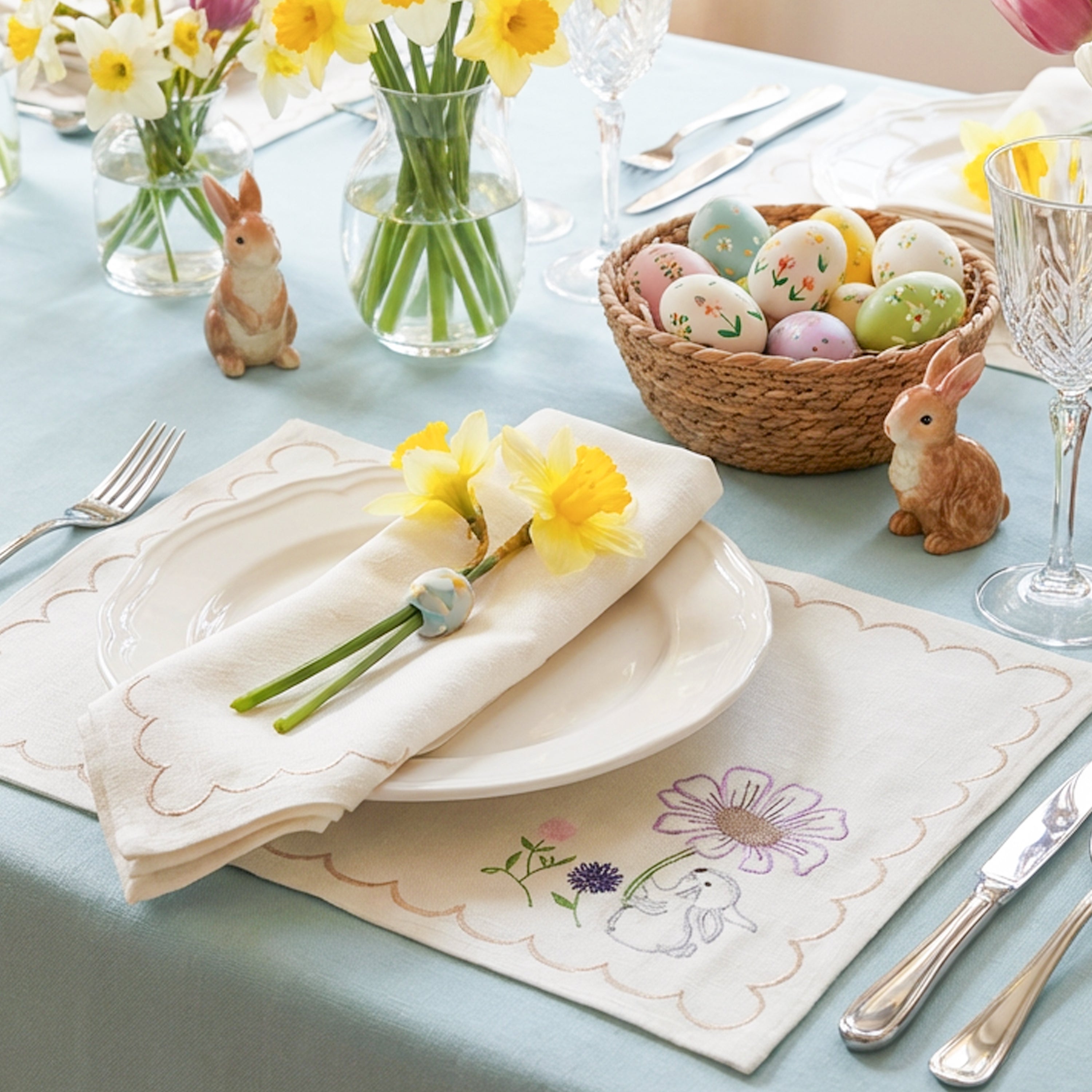 How to set an elegant Easter brunch table with embroidered rabbit placemats and spring daffodils. This lifestyle view showcases ivory cotton scalloped placemats layered under white ceramic plates on a light blue tablecloth. It serves as a visual guide for "spring holiday table decor," featuring bunny figurines and a basket of decorative eggs. These luxury handmade placemats offer a polished look for Easter Sunday gatherings, beach house dining, or garden-themed formal meals.