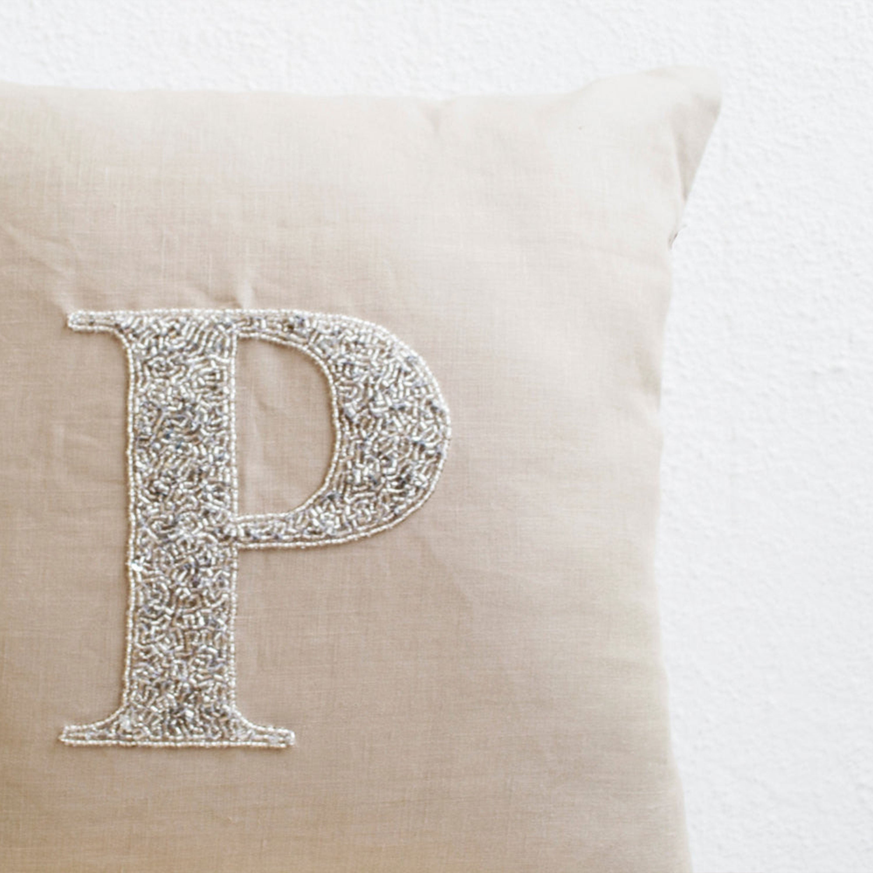 Customized Silver Sequin Monogram Pillow Cover On Beige Gray Linen