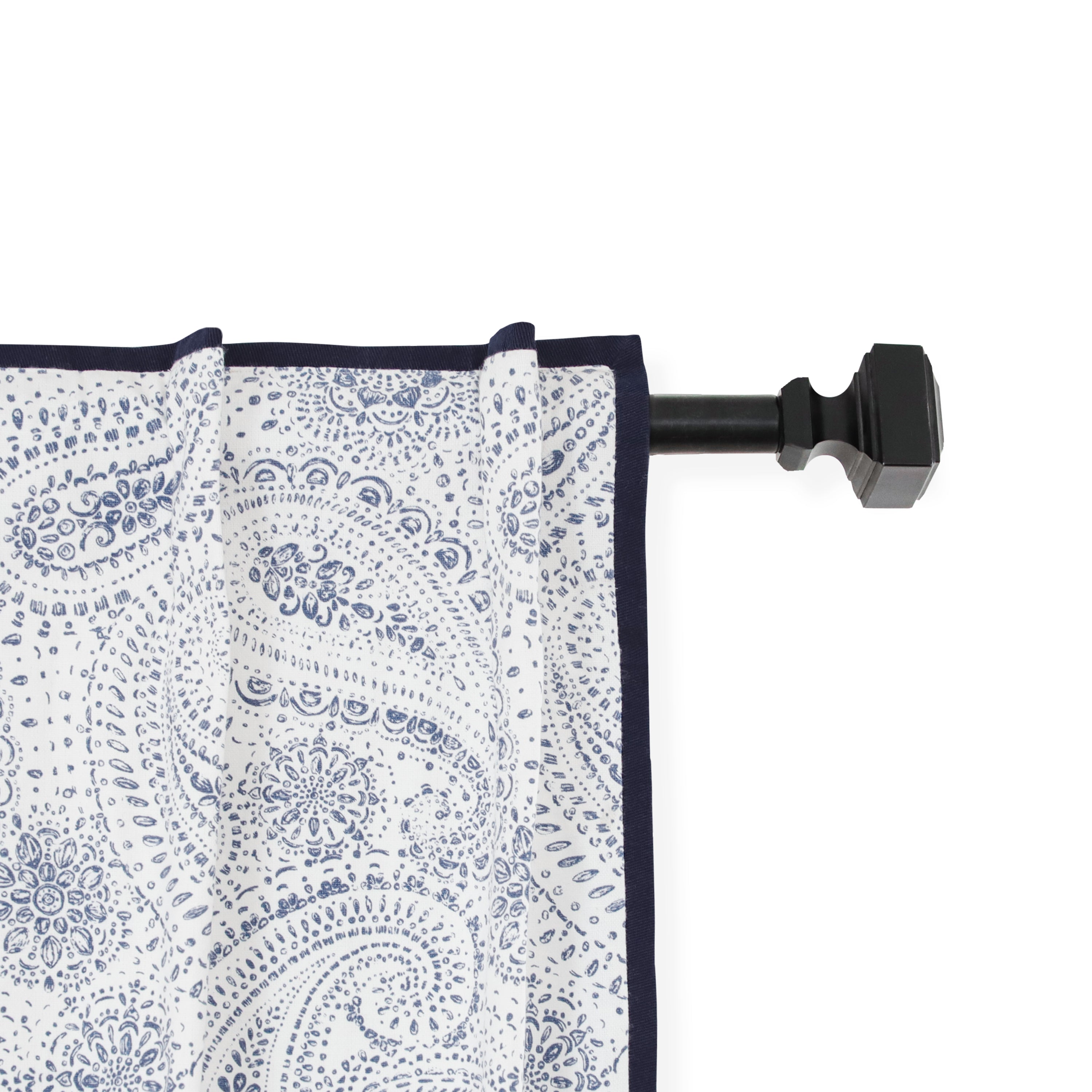 "Bespoke blended cotton curtain with paisley pattern, navy blue trim, and cotton lining, customizable in size and color for a perfect fit."