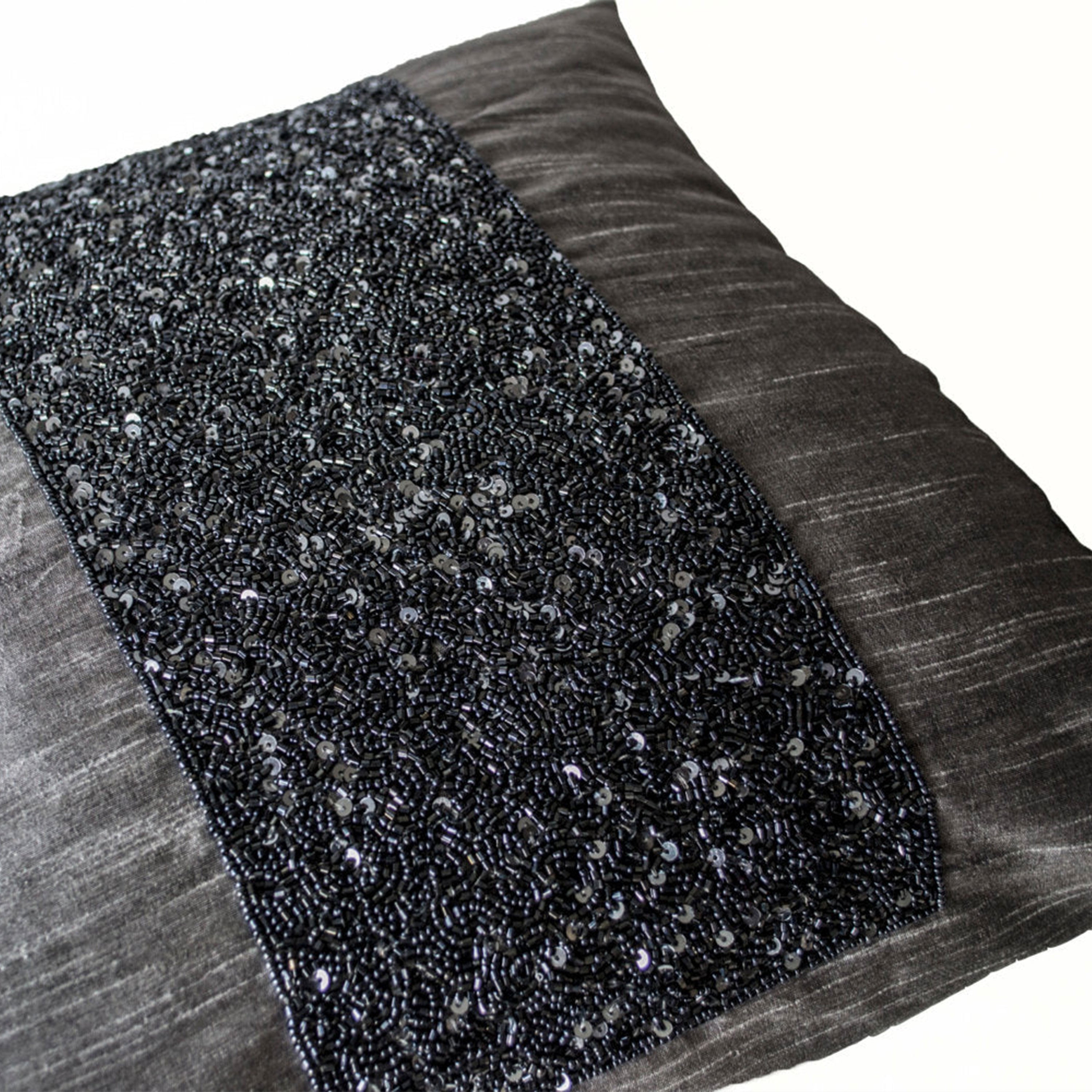 Grey Silk Metallic Beaded Pillow