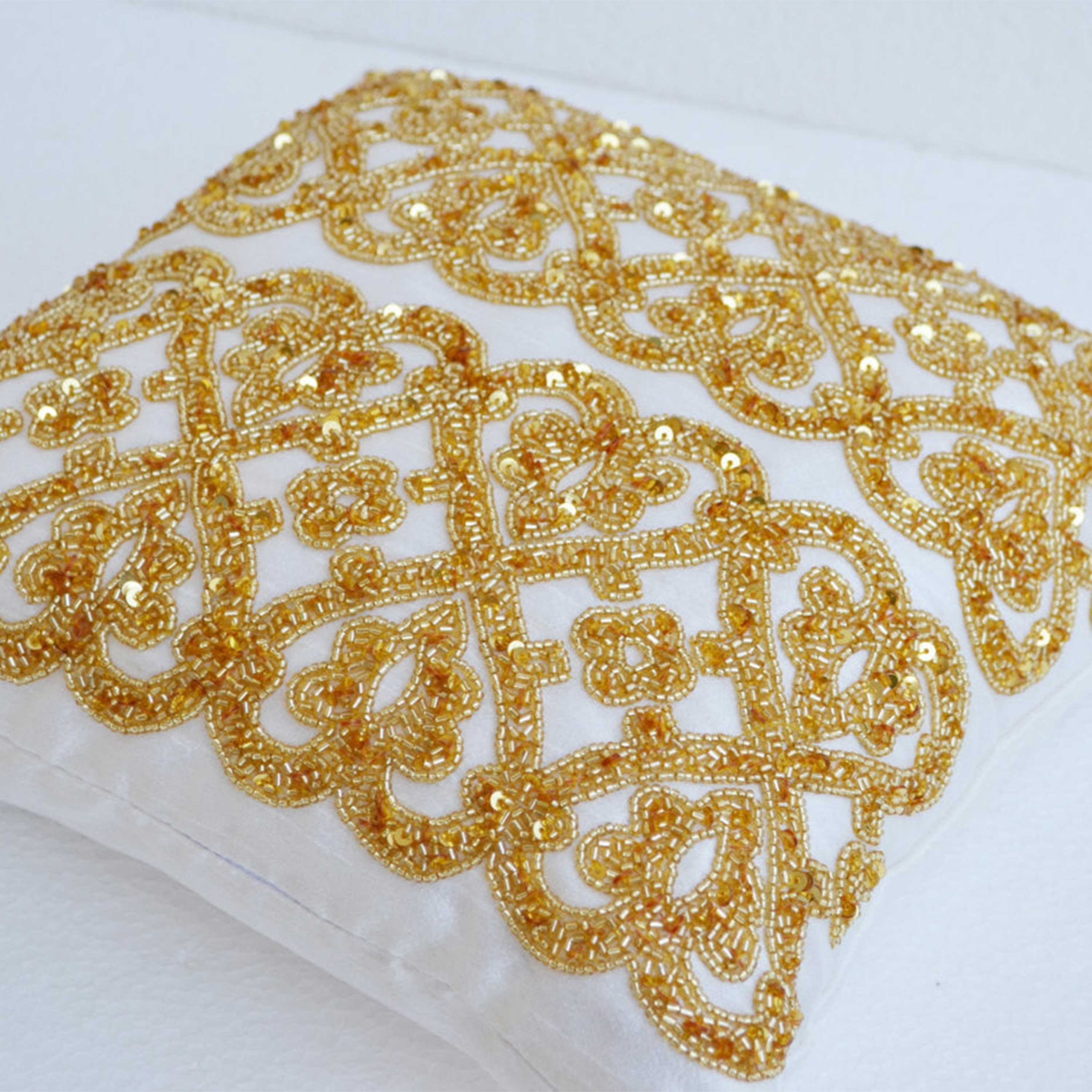 White geometric throw pillows beaded detail - Gold bead pillow - Silk pillow - Cushion cover zipper - Gift pillow 16X16- White gold pillow